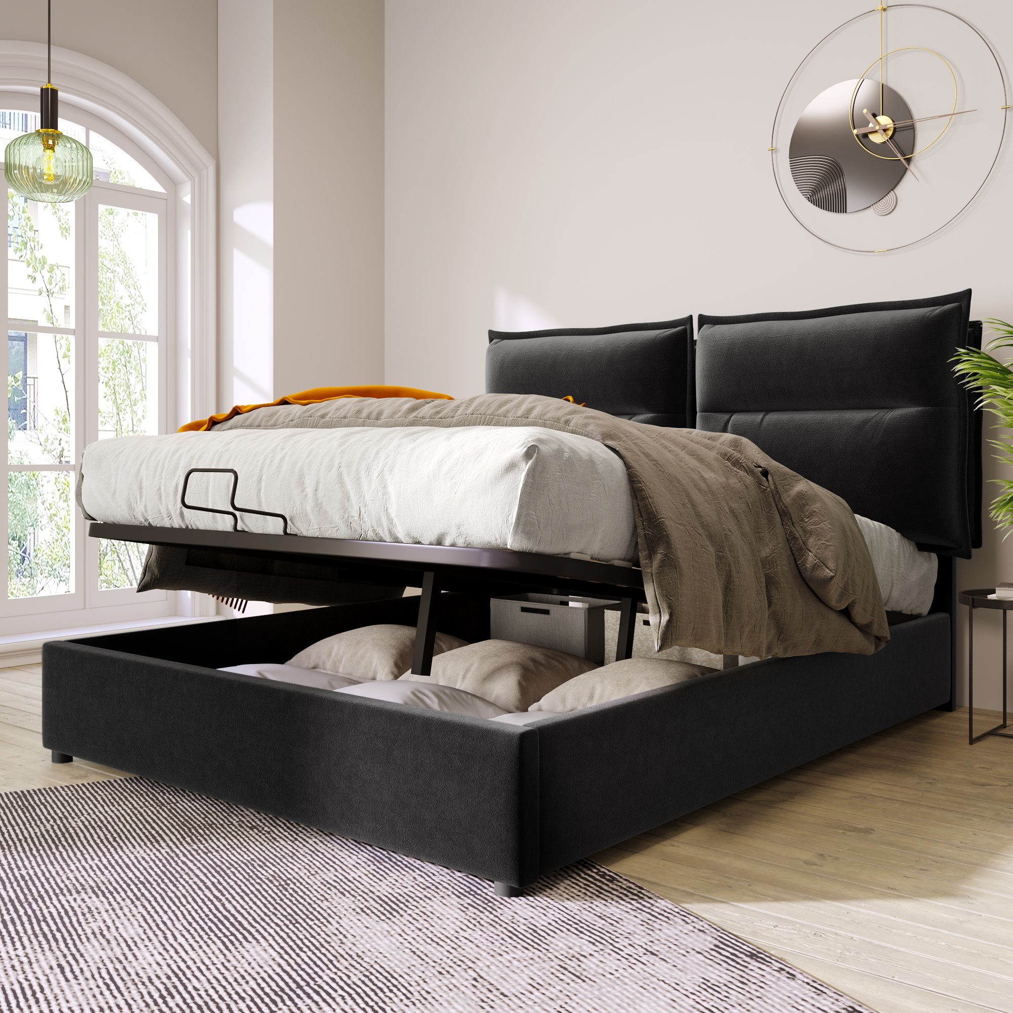 Boxspringbett (Polsterbett Doppelbett mit Lattenrost, Bettkasten und verstellbarem Kopfteil), Hydraulisches Bett Funktionsbett 140x200cm mit Federkernmatratze, Samt