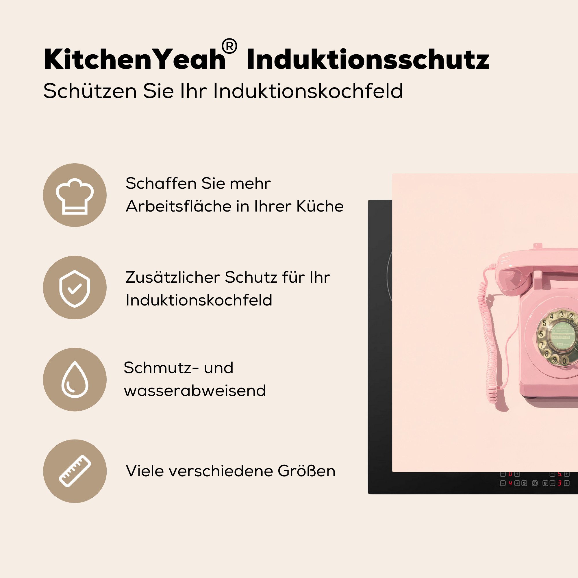 MuchoWow Herd-Abdeckplatte Drehbares Telefon - Retro - Rosa, Vinyl, (1 tlg), Abdeckplatte für Ceranfeld, Herd Inductionsmatte, 60x50 cm