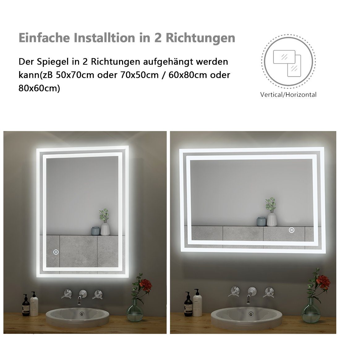 Badspiegel Druckknopfschalter, S'AFIELINA mit LED mit IP44 Badspiegel Beschlagfrei,2 Wandmontage, Beleuchtung, Lichtfarben,Energiesparend, Badspiegel