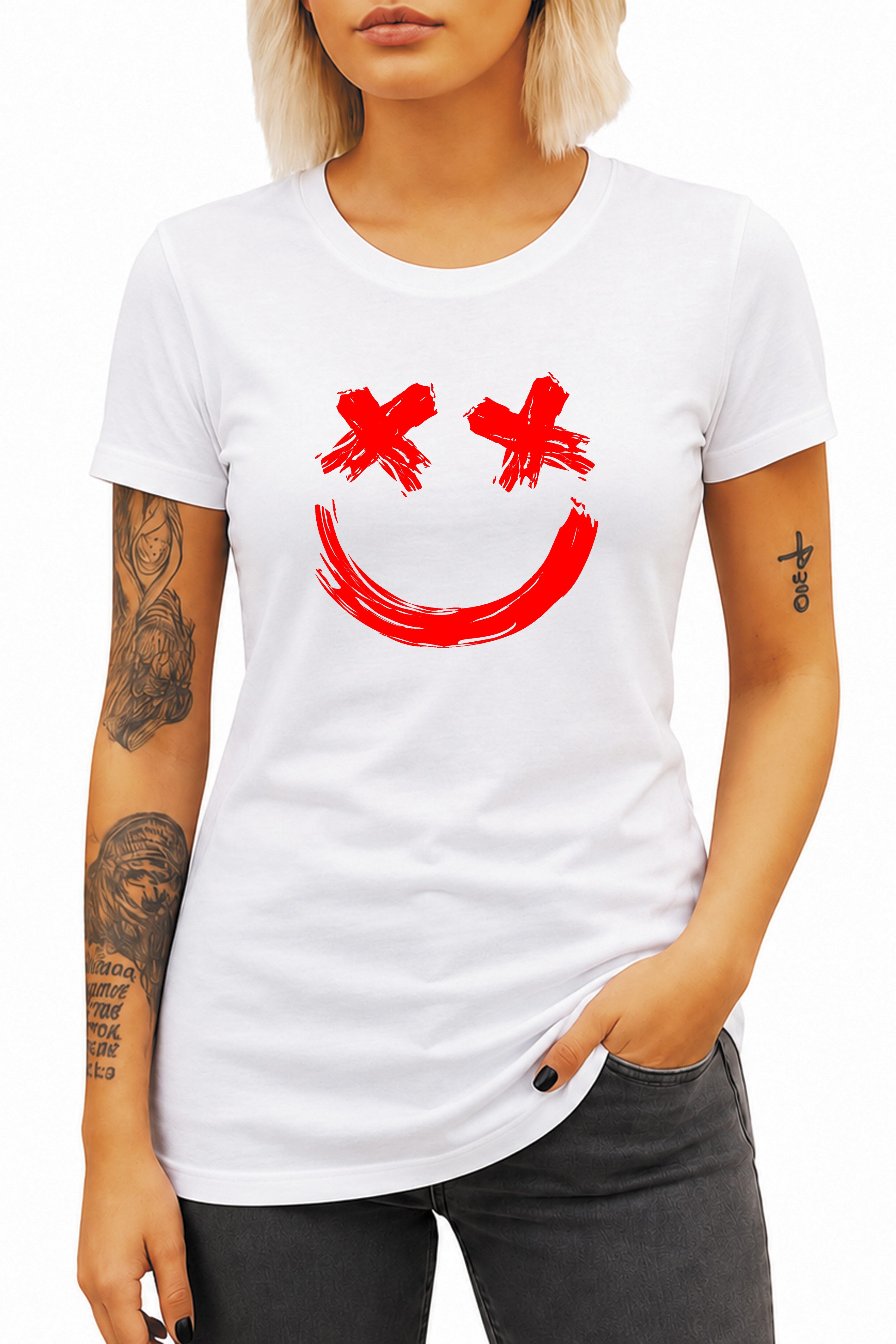 Banco T-Shirt Damen Smile X-Eyes Printshirt Rundhals Baumwolle 100% Baumwolle