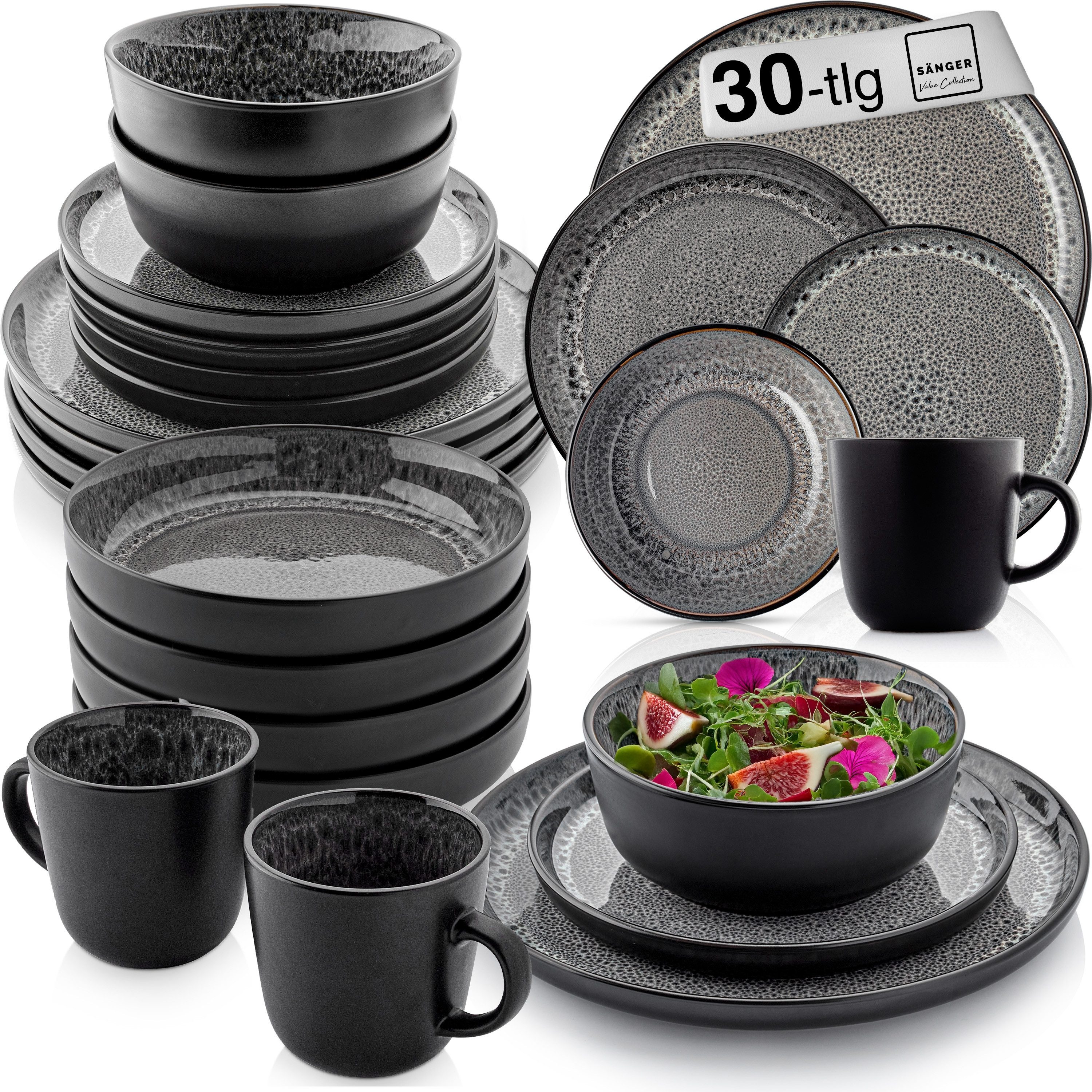 SÄNGER Tafelservice Sydney Geschirrset, Grau (30-tlg), 6 Personen, Steingut, Handmade, spülmaschinenfest, VALUE COLLECTION