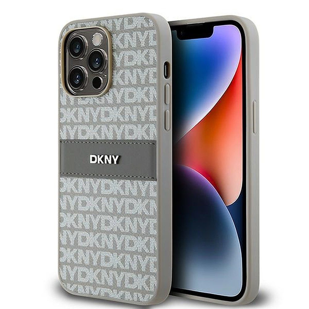 DKNY Handyhülle Schutzhülle Backcover, DKNY-Schriftzugmuster, Lederstreifen mit Metalllogo