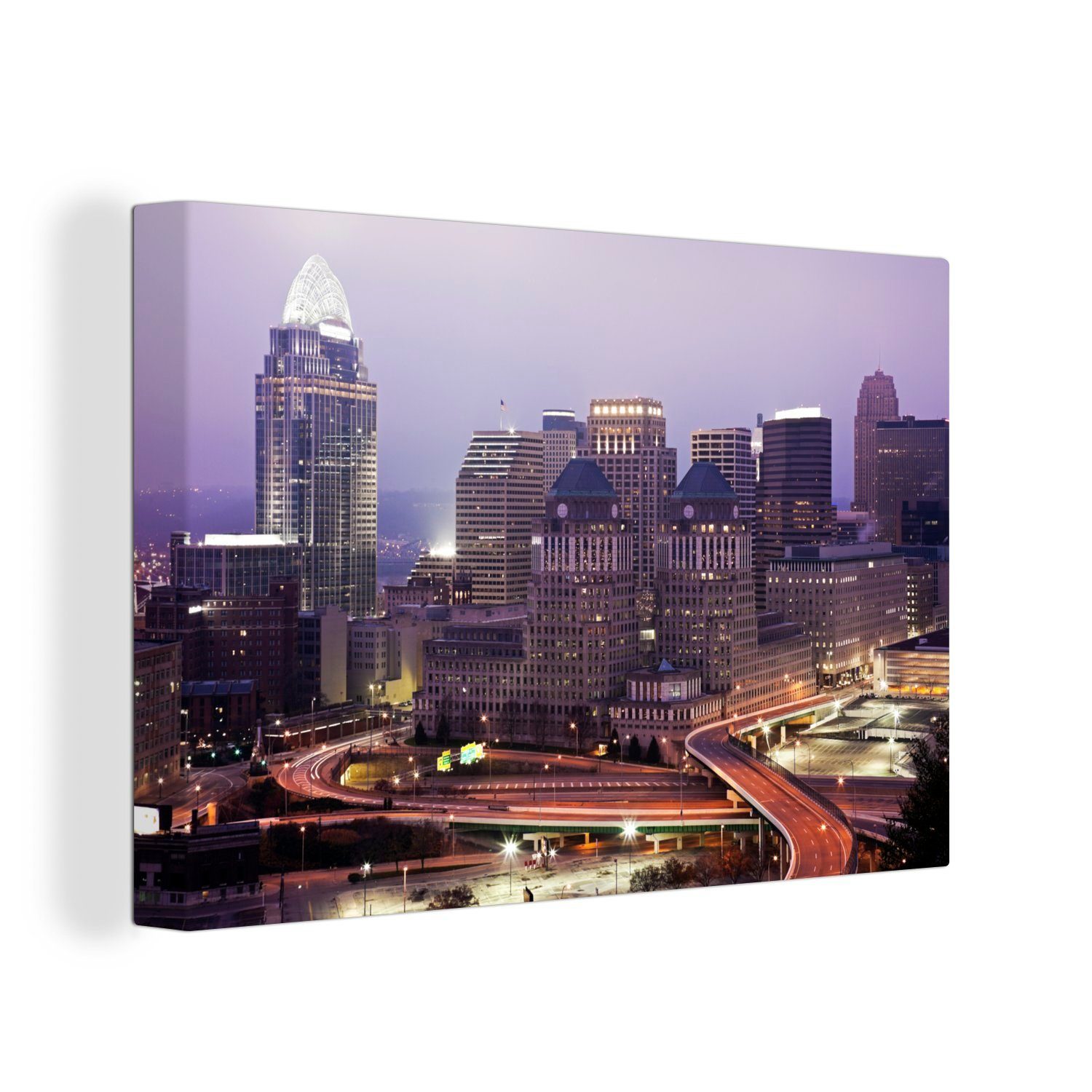 OneMillionCanvasses® Leinwandbild Der Horizont von Cincinnati bei Sonnenaufgang in Ohio, USA, (1 St), Wandbild Leinwandbilder, Aufhängefertig, Wanddeko, 30x20 cm