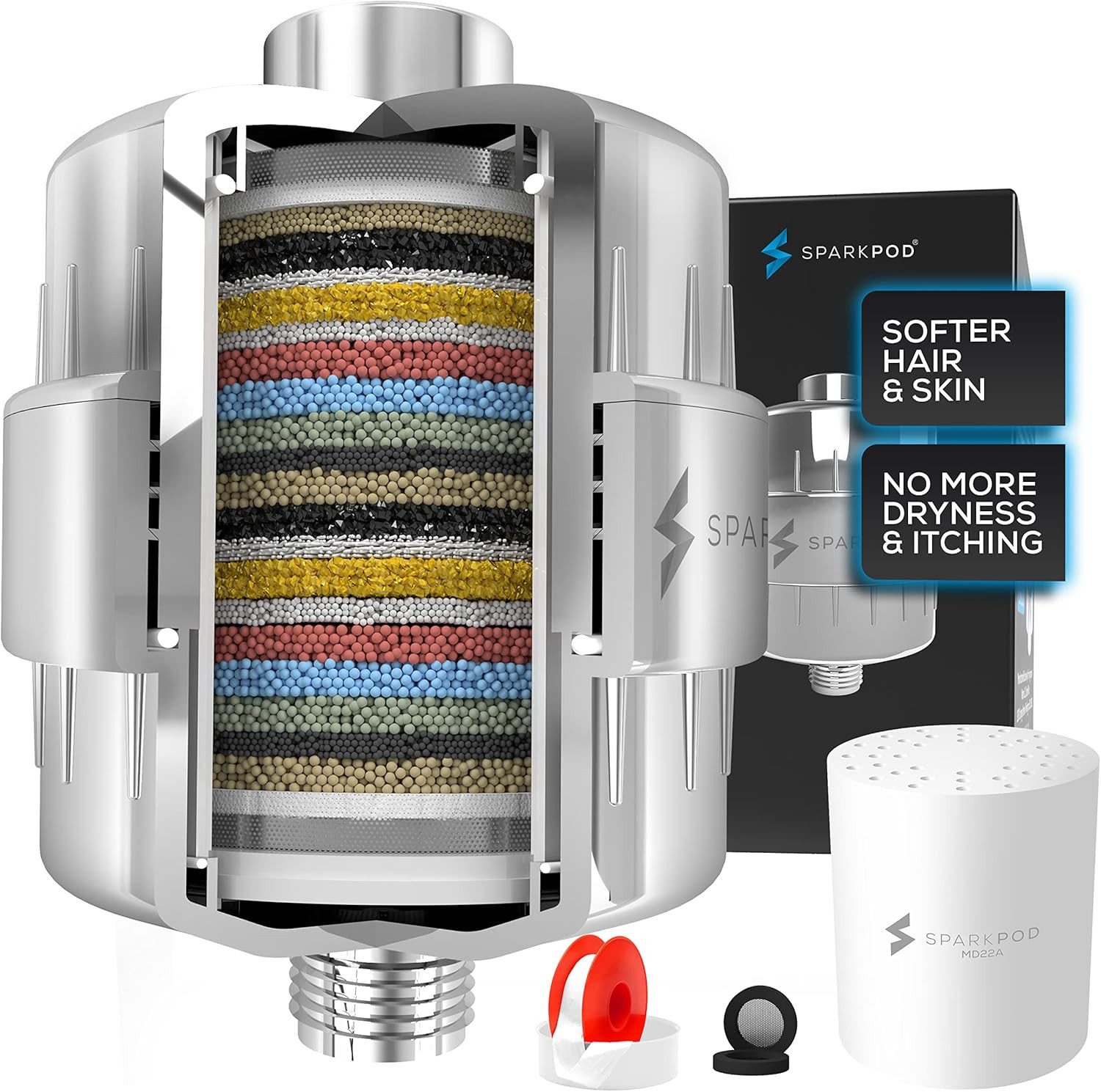 sparkpod Filter-Set Dusche Badewanne Hochleistungs-Duschfilter für Hautpflege, Zubehör für Alle Standard-Duschköpfe, ½-Zoll-Rohr, Filtert Chlor und Schwermetalle, verbessert Haut- und Haargesundheit