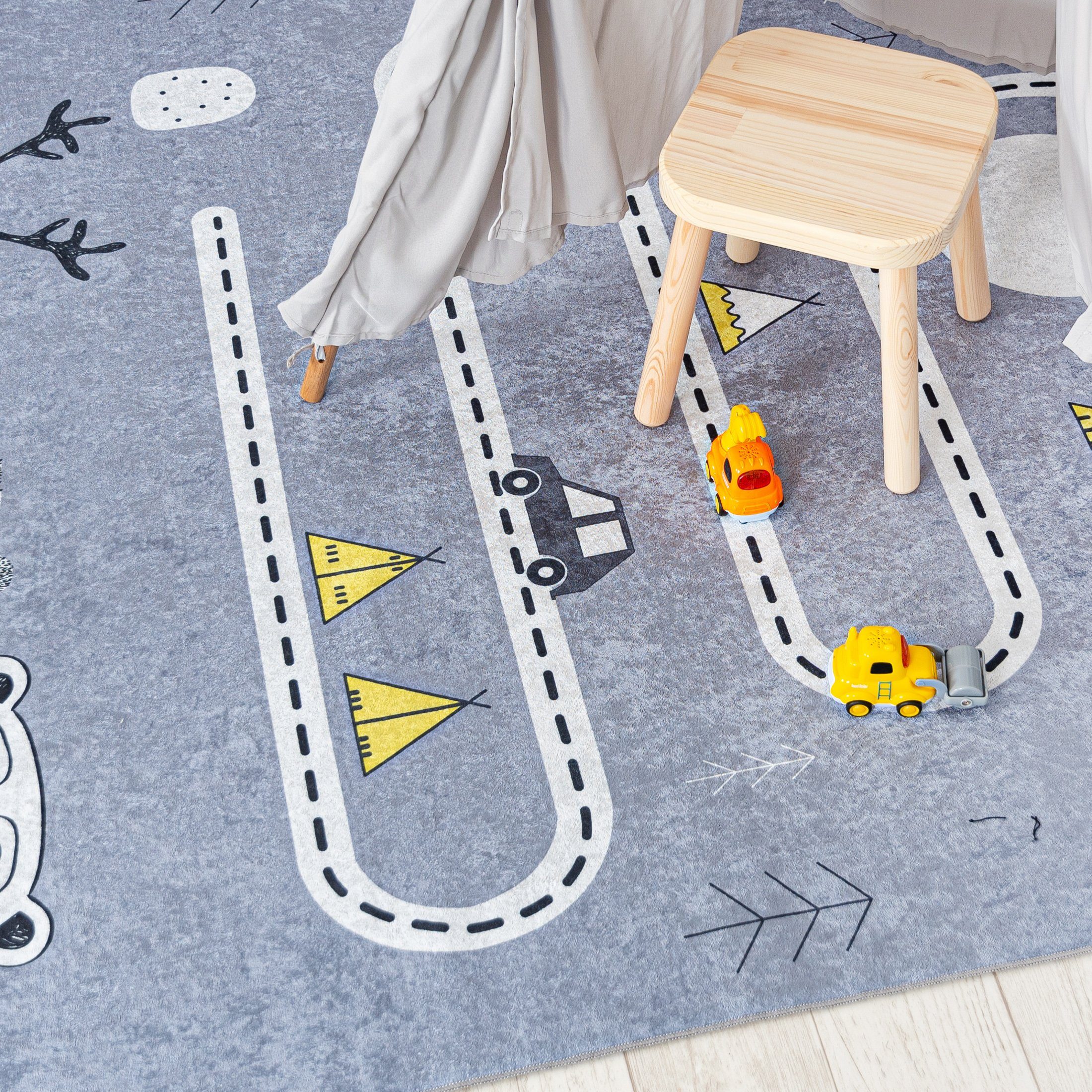 Mazovia Kinderteppich Kinderteppich Kinderzimmerteppich Straße Straßenteppich, 80 x 150 cm, Kurflor, Waschbar in Waschmaschine, Höhe 5 mm, Rutschfest