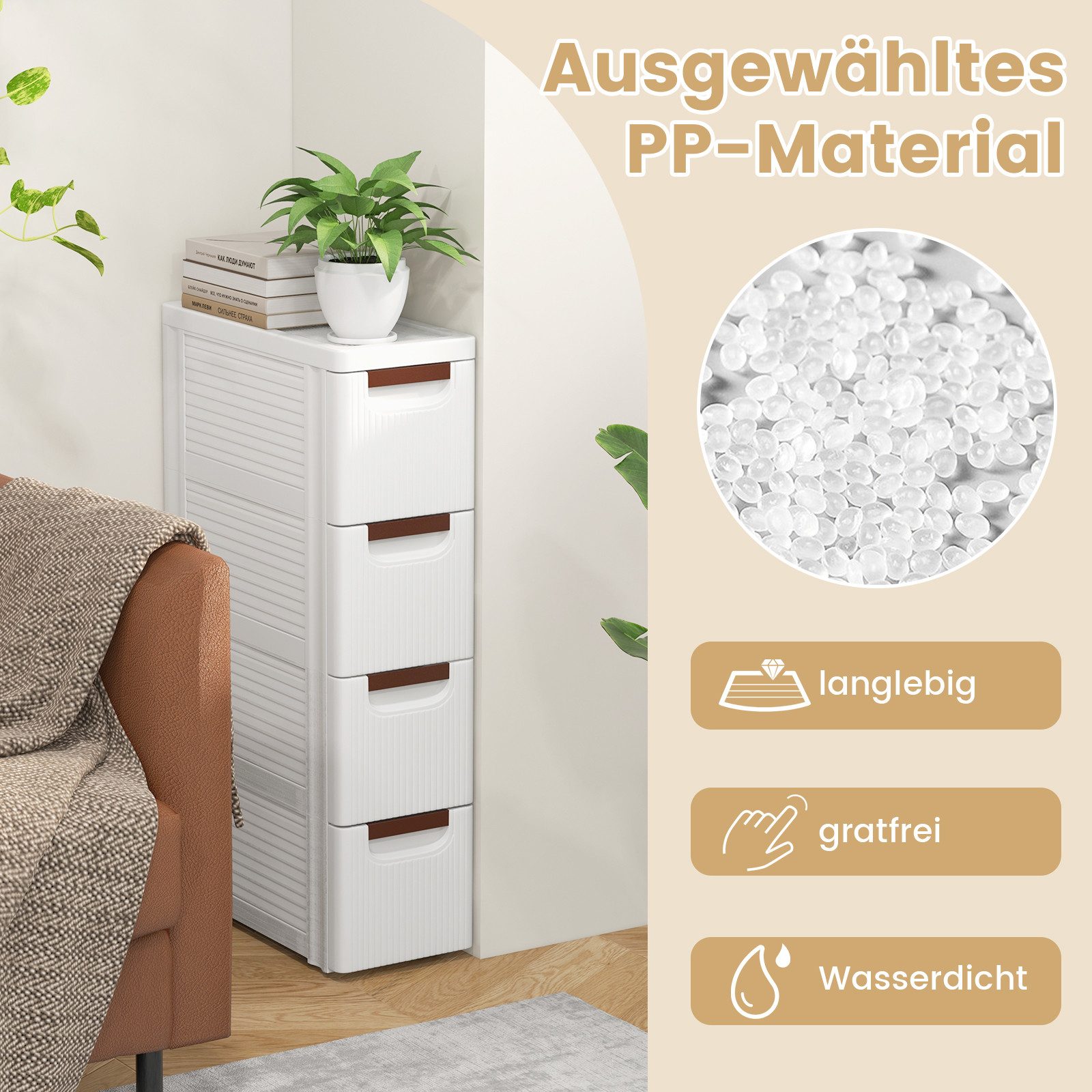 KOMFOTTEU Sideboard Nischenschrank Badschrank, mit 4 Schubladen & Rollen