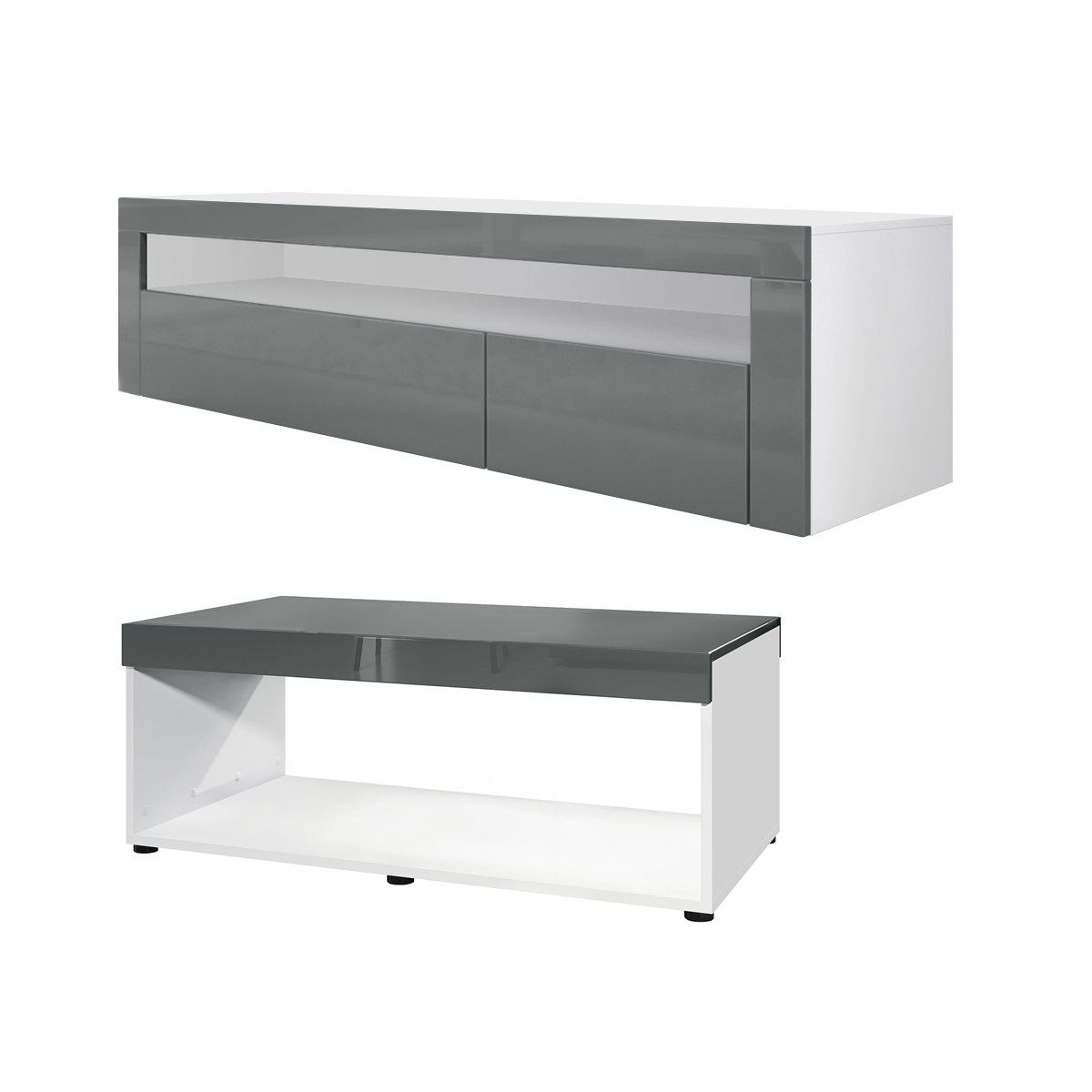 Vladon Wohnwand Berlin, (Wohnzimmer-Set, bestehend aus 1 TV Board und 1 Couchtisch), Weiß matt/Grau Hochglanz