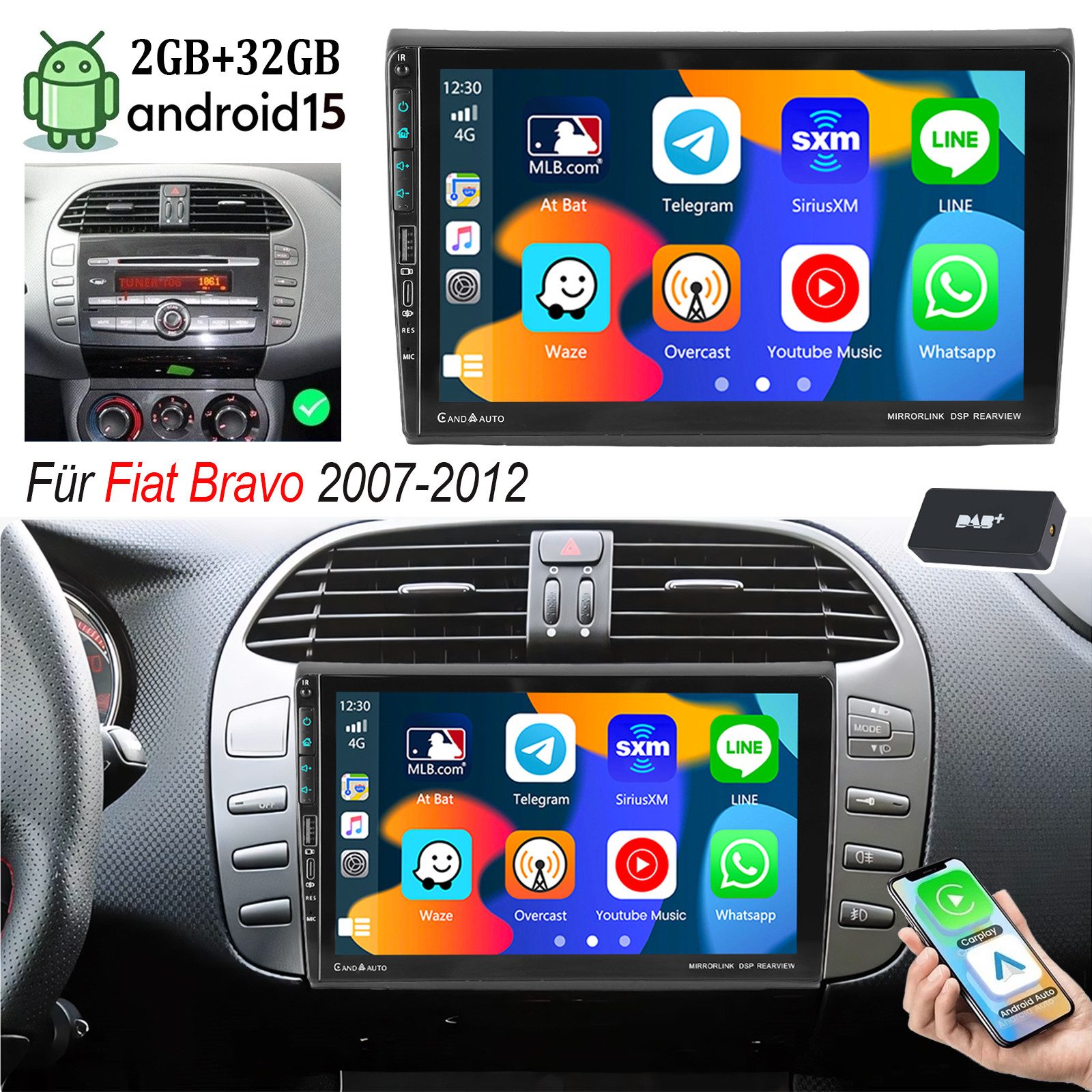 Autoradio Android15 Für Fiat Bravo 2007-12 CarPlay GPS USB- und Type-C Autoradio