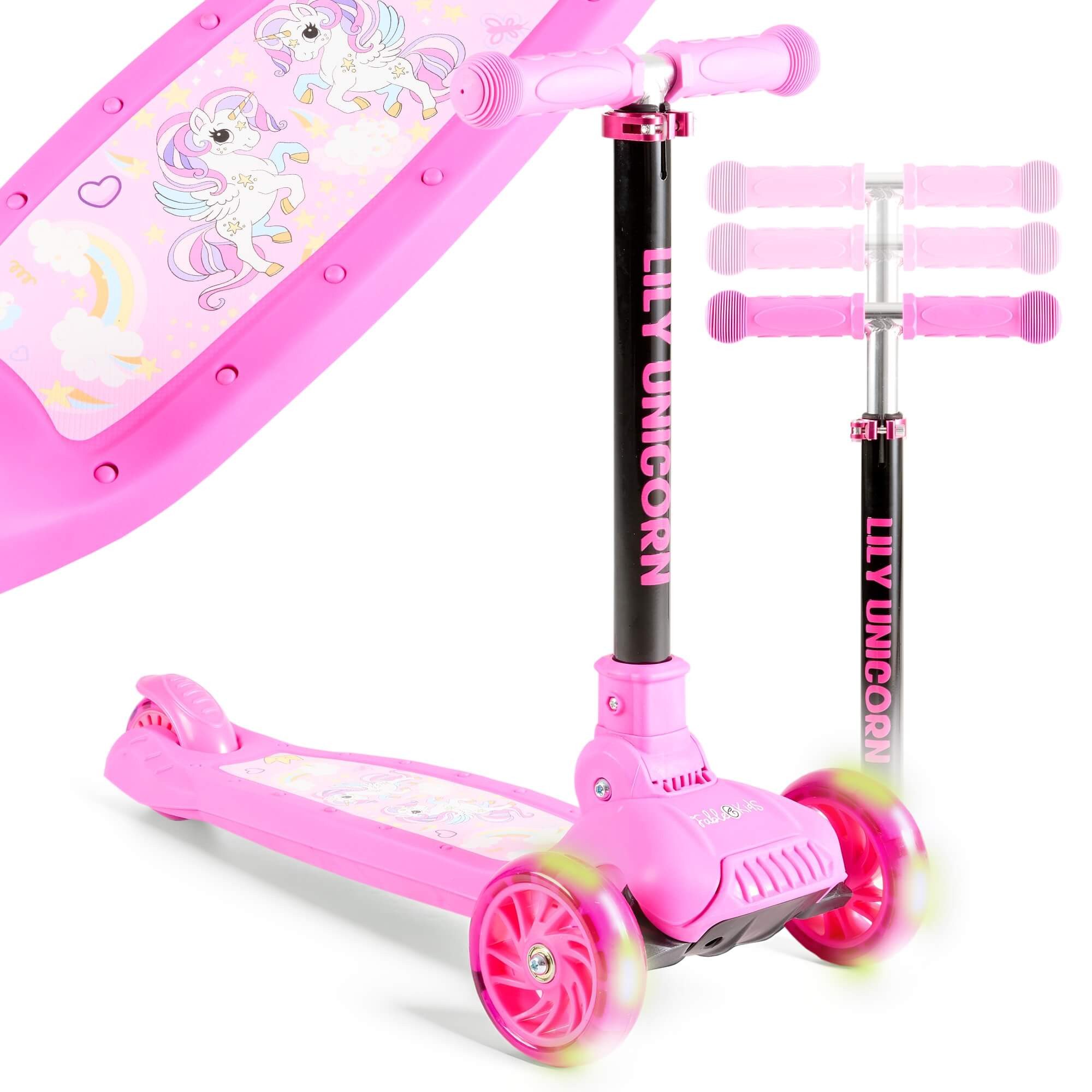 FableKids Tretroller Cityroller Kickroller, LED-Räder, Tritt-Bremse, bis 50 kg belastbar,  faltbar  höhenverstellbar Rücktrittbremse