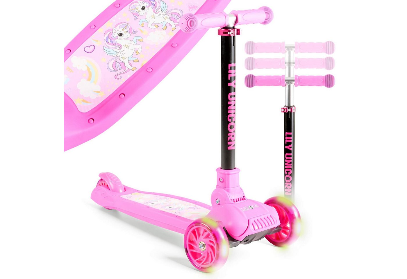 FableKids Tretroller Cityroller Kickroller, LED-Räder, Tritt-Bremse, bis 50 kg belastbar, faltbar höhenverstellbar Rücktrittbremse