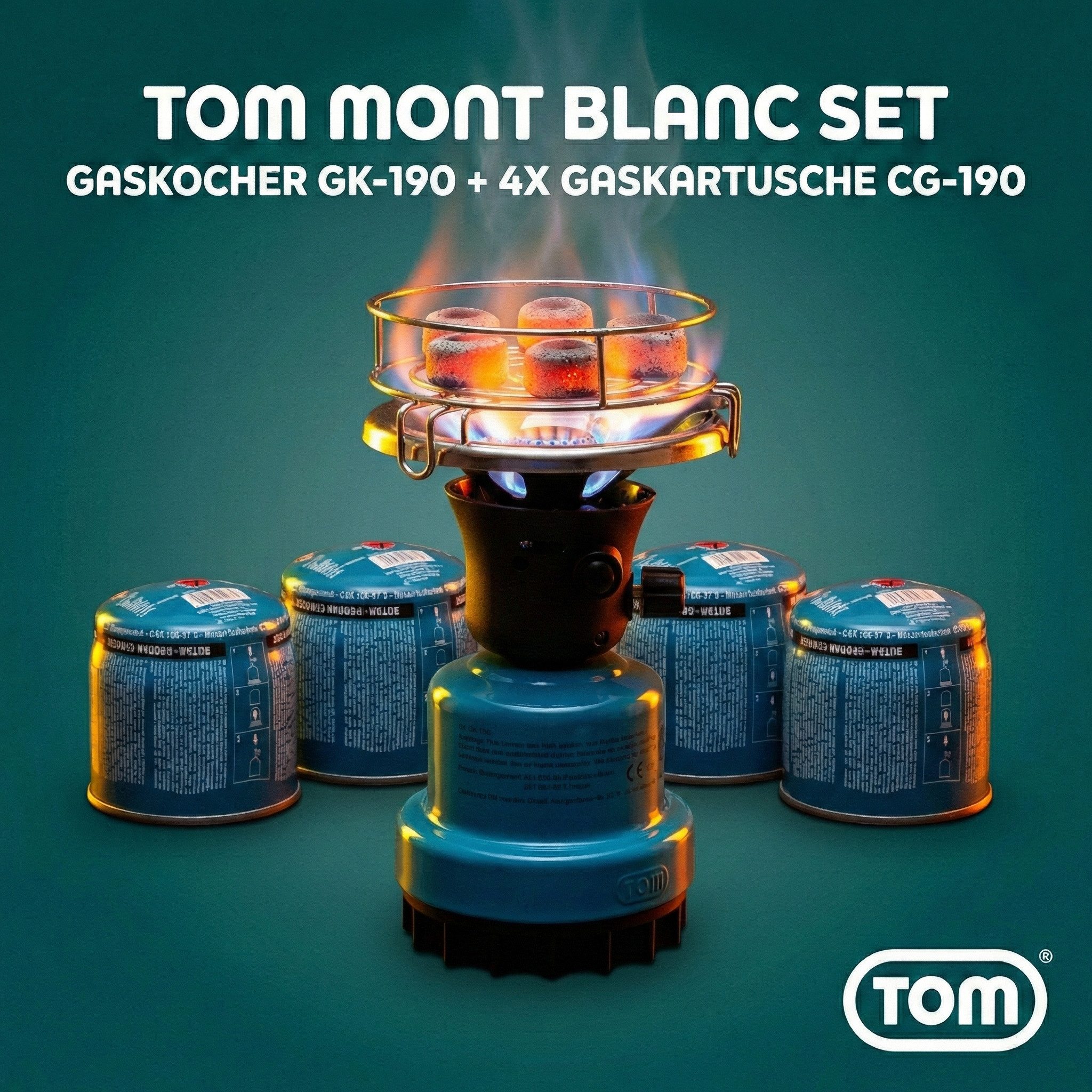 TOM Gaskocher Campingkocher optional mit 4x190g Gas Kartuschen CG-190 Butan Gas, (5-St), 1100W, Piezozündung, Windschutz, Stechkartuschen, Kartuschen Kocher
