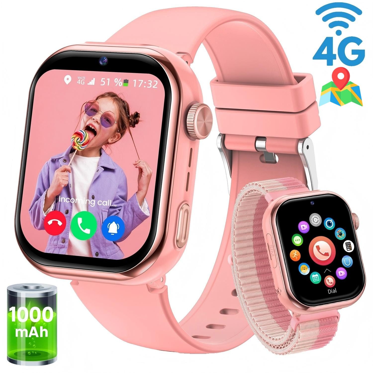 SWGOTA 4G Kinder Smartwatch 1000mAh mit GPS & Telefonfunktion Smartwatch (1,43 Zoll), Smartwatch für Kinder, für 4–12 Jungen und Mädchen,für Android und IOS