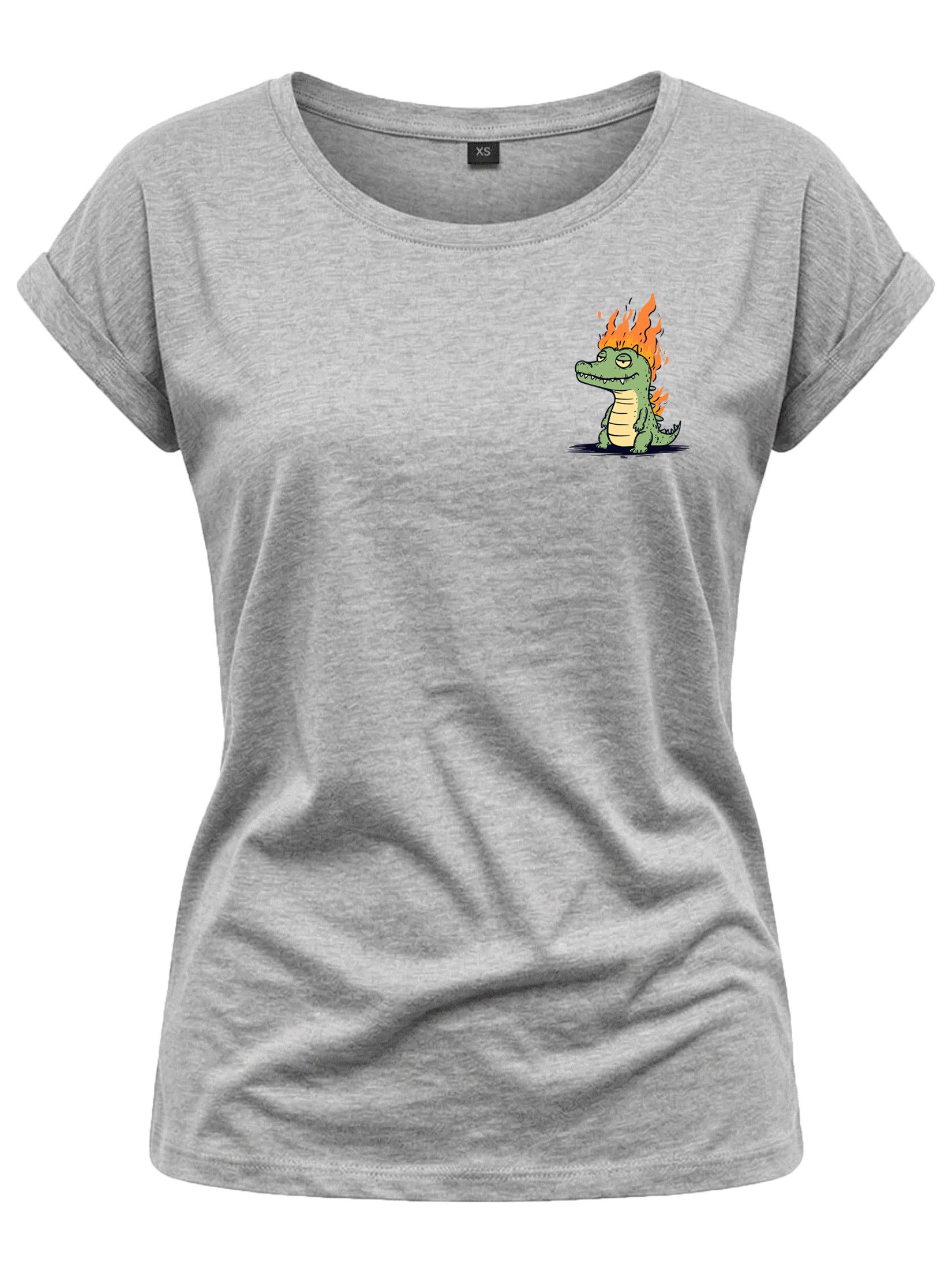 T-Shirt Damen Top mit Drachenmotiv – kleiner Herzprint, Krokodil