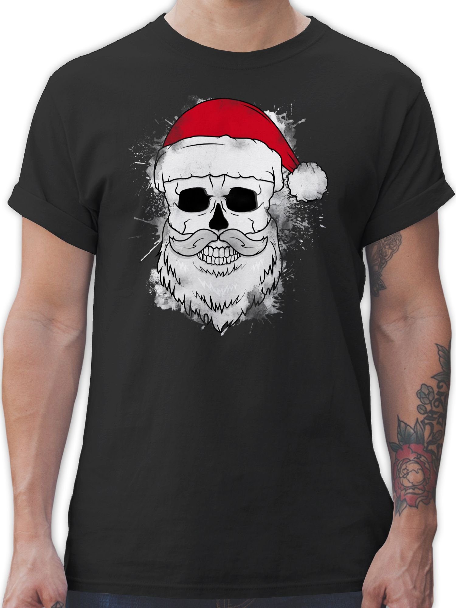 Shirtracer T-Shirt Totenkopf mit Weihnachtsmütze und Bart Weihachten Kleidung 1 Schwarz