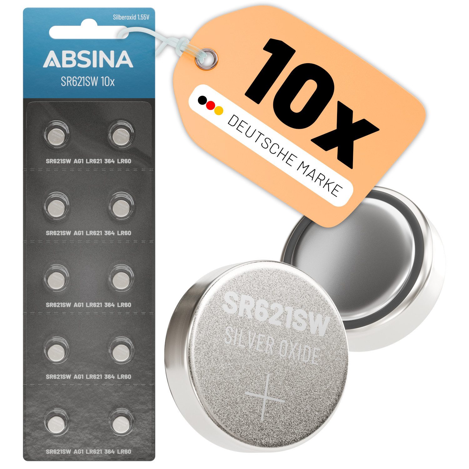 ABSINA SR621SW Uhrenbatterie 1,55V Silberoxid 10er Pack - Knopfzelle LR621 Knopfzelle, (1 St)