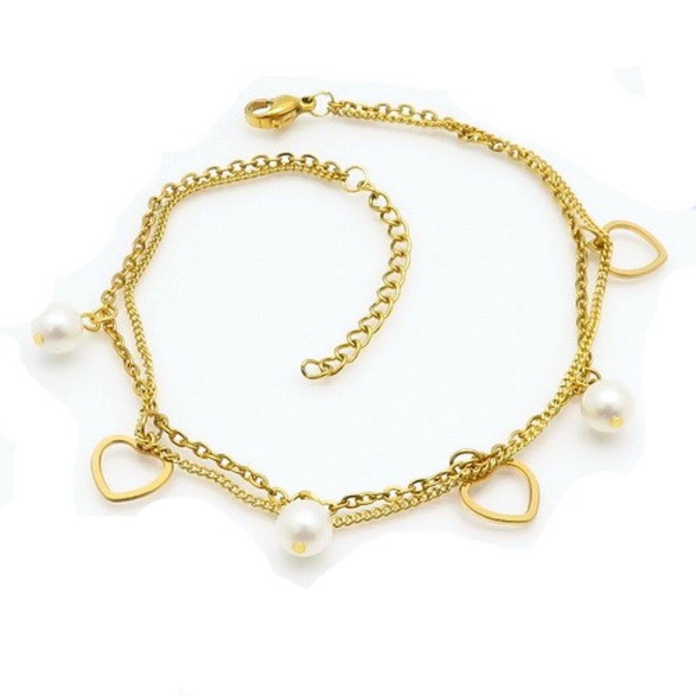 Armband Bettelarmband mit Perlen und Herzen Gold aus Edelstahl für Damen