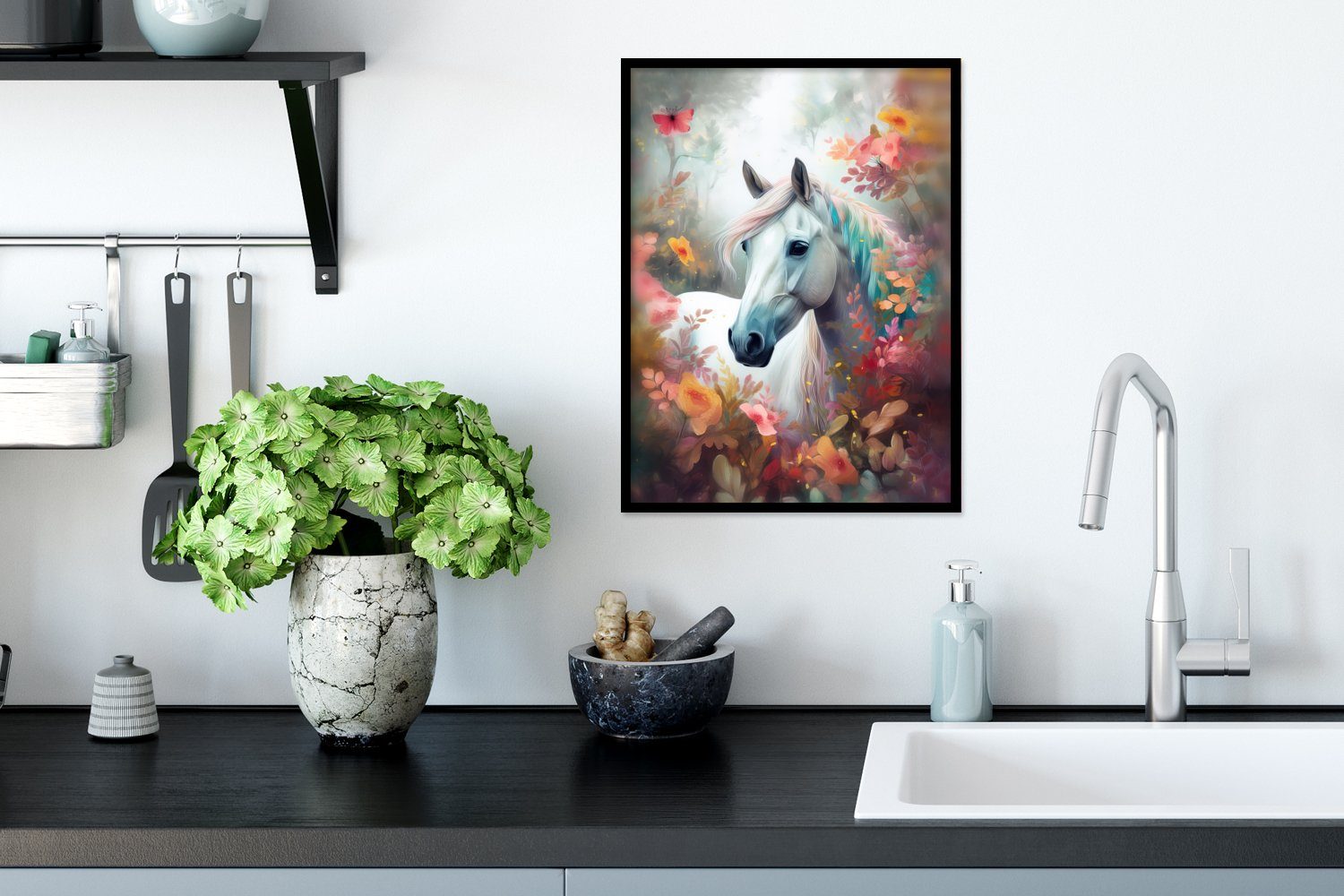 MuchoWow Poster Pferd - - (1 Bilderrahmen Schwarzem Blumen mit Poster, Natur - Kunstdruck, Rahmen, - St), Wald, Gerahmtes Tiere