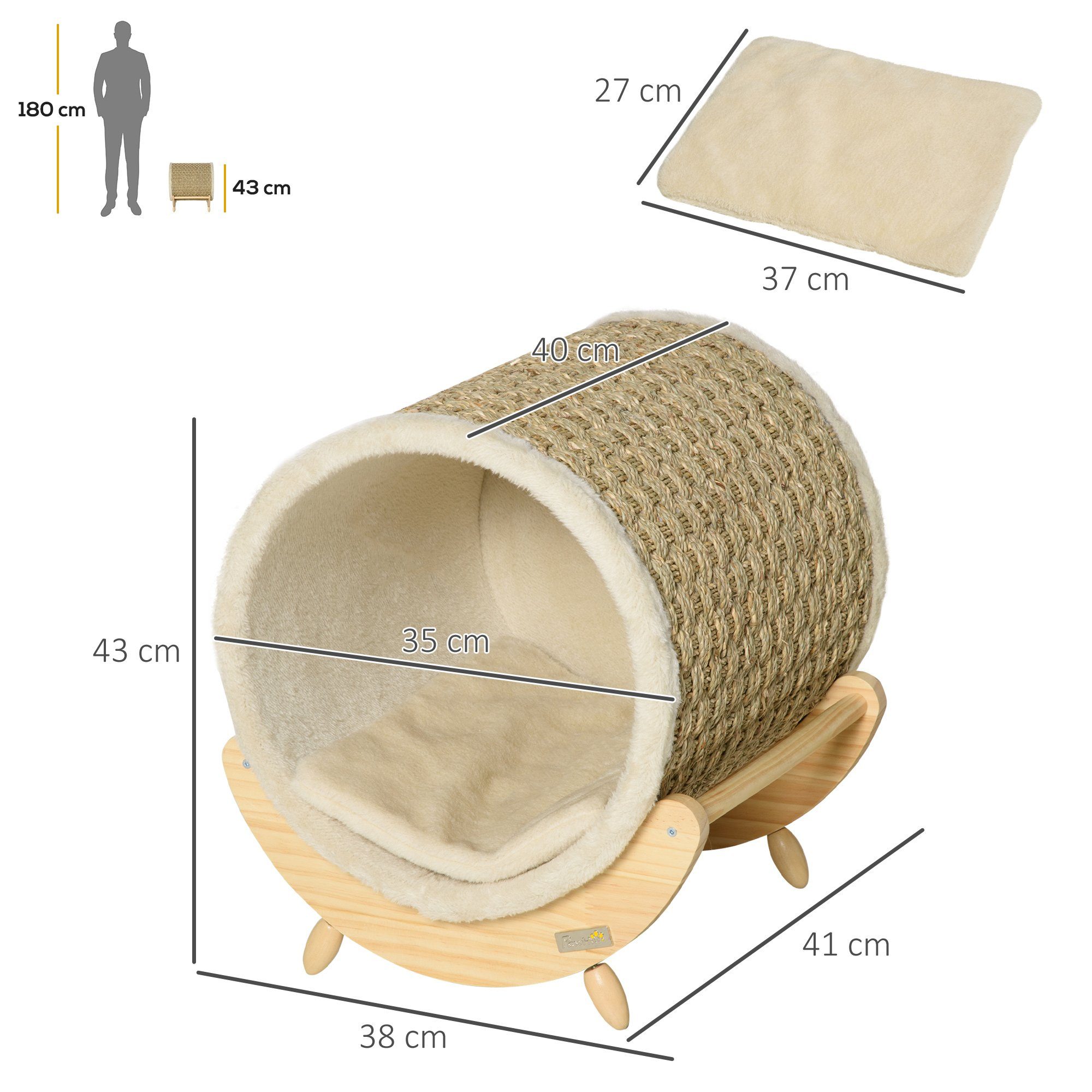 PawHut Tierbett Katzenhöhle mit Kratzfläche inkl. Kissen, Kratztonne, 41 x 38 x 43 cm, Kiefernholz Flanell Khaki+Natur+Beige 41 x 38 x 43 cm