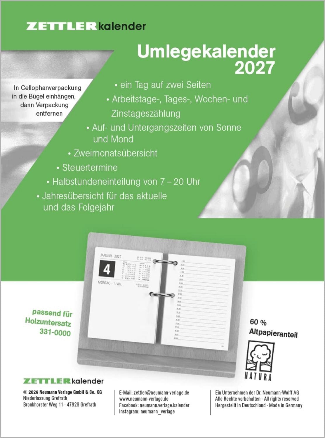 Wandkalender Umlegkalender 1T/2S 8x10,8 2027