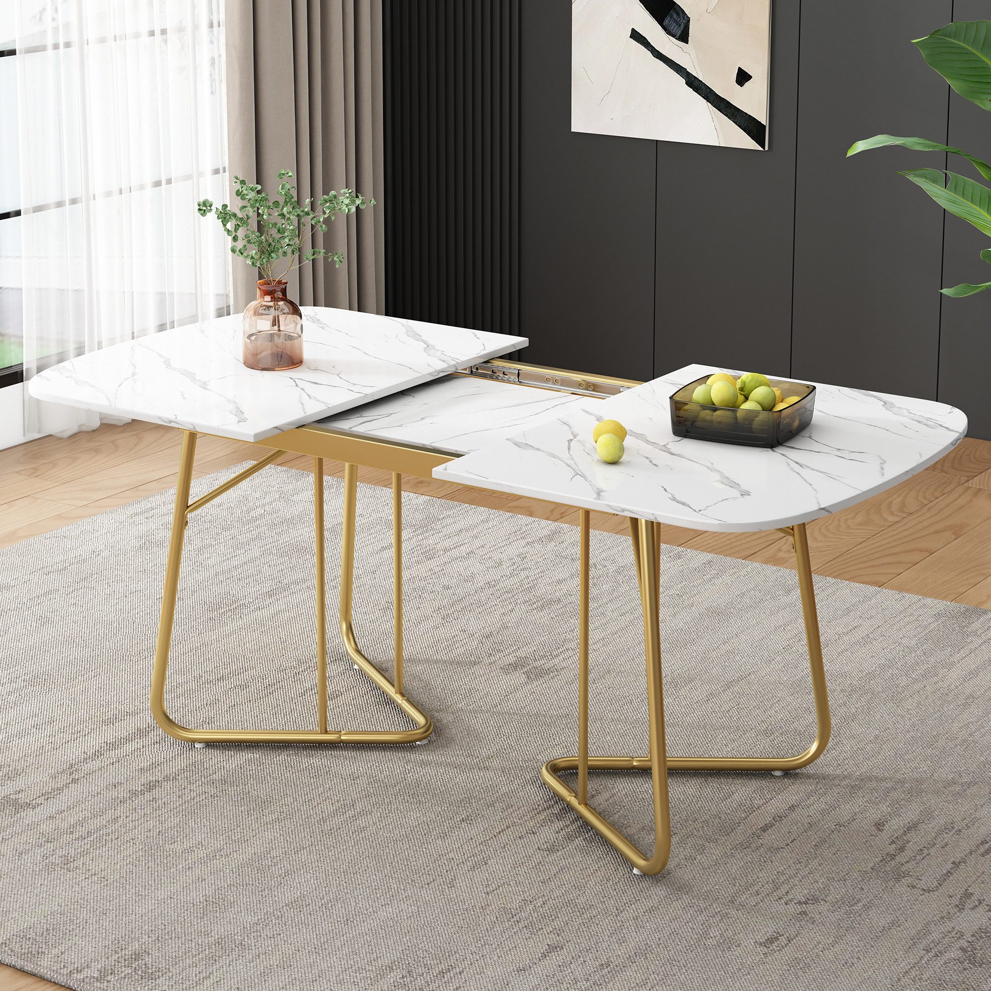 Fine Life Pro Esstisch Ausziehbarer Esstisch 140/180 cm Marmor, 1 Tisch, Weiß/Gold, 4–6 Personen