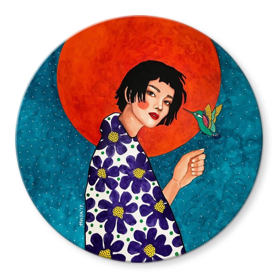 K&L Wall Art Gemälde Glas Wandbild Rund Glasbild Kunstdruck Hülya selbstbewusst, Wandschutz Deko Bilder