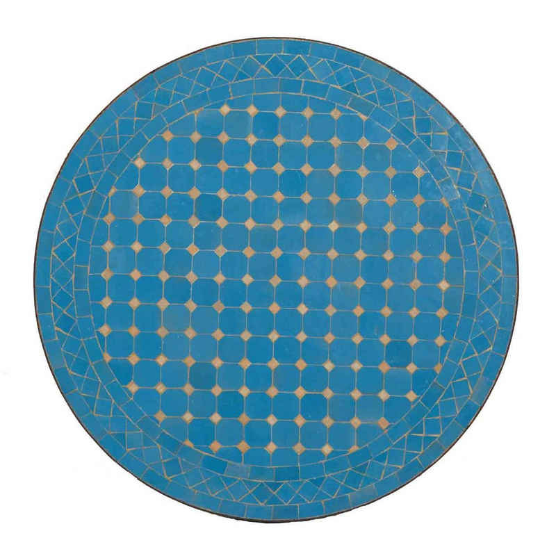 Casa Moro Gartentisch Mediterraner Mosaiktisch M60-12 Himmel-Blau glasiert Ø 60 cm rund (mit Gestell Höhe 73 cm, Bistrotisch Mosaik Gartentisch), Beistelltisch Balkontisch Kunsthandwerk aus Marokko MT2150