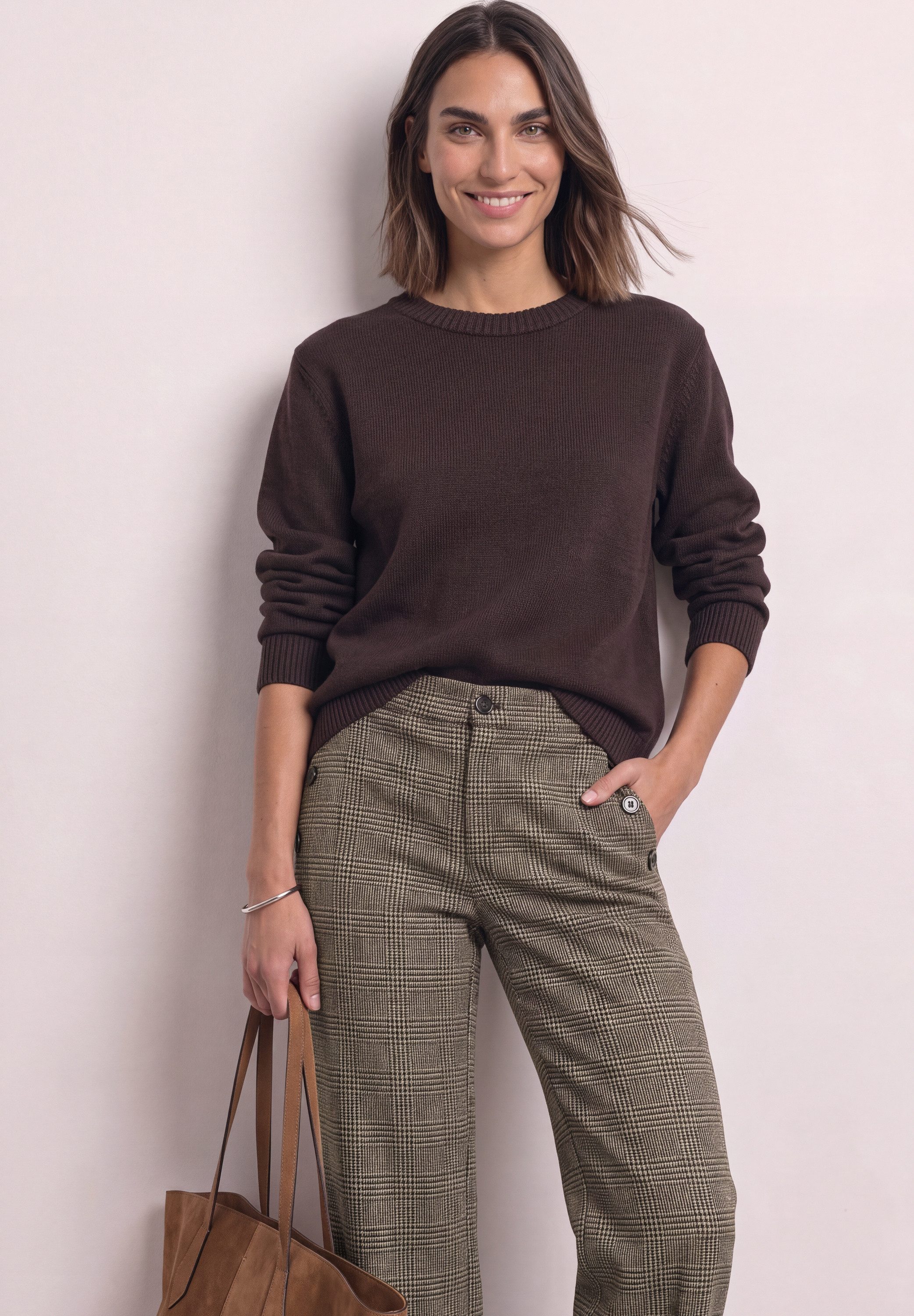 STREET ONE Schlupfhose Style Amalia Straight Leg Hose mit Karomuster und Knöpfen