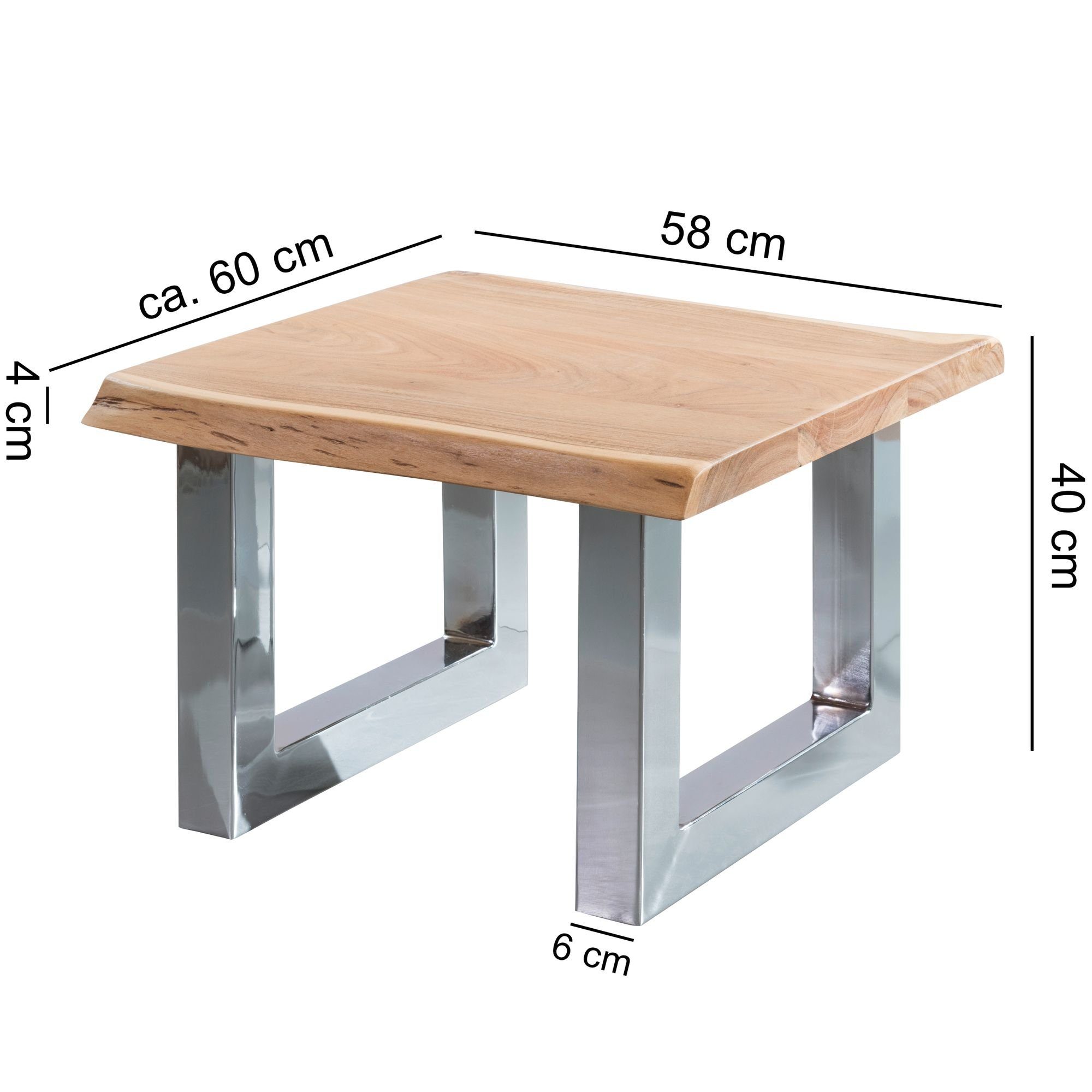 Akazie (58x40x60 Quadratisch), FB49684 Baumkante Wohnzimmertisch, Couchtisch FINEBUY cm Sofatisch Massivholz Metall Kleiner