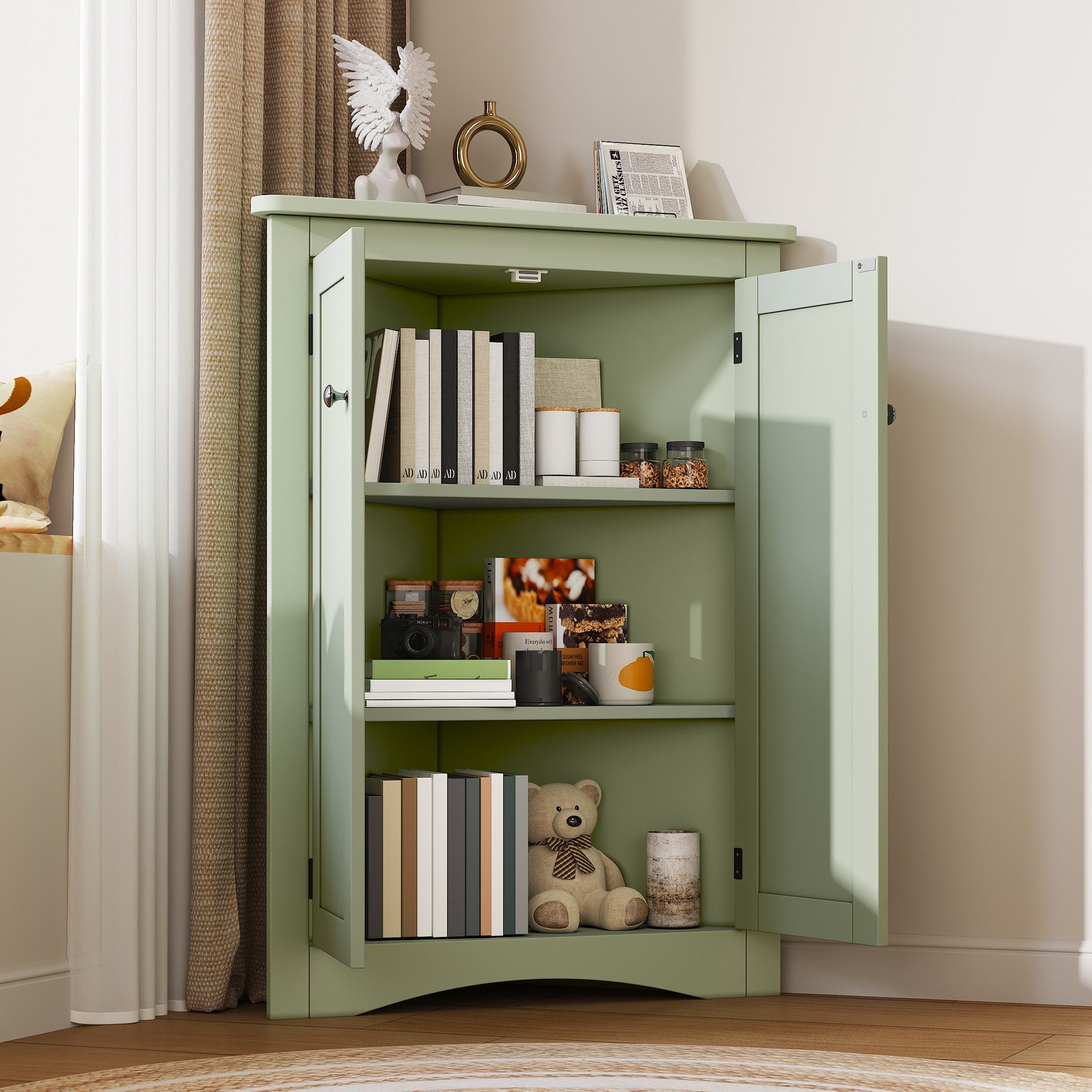 Celya Vitrine Eck-Schrank für Badezimmer, Freistehender 2-türiger Dreiecks (für Bad, Küche, Wohnzimmer (61,5 x 90 cm), mit lackierter Oberfläche, platzsparend)  – Bild 3 von 5