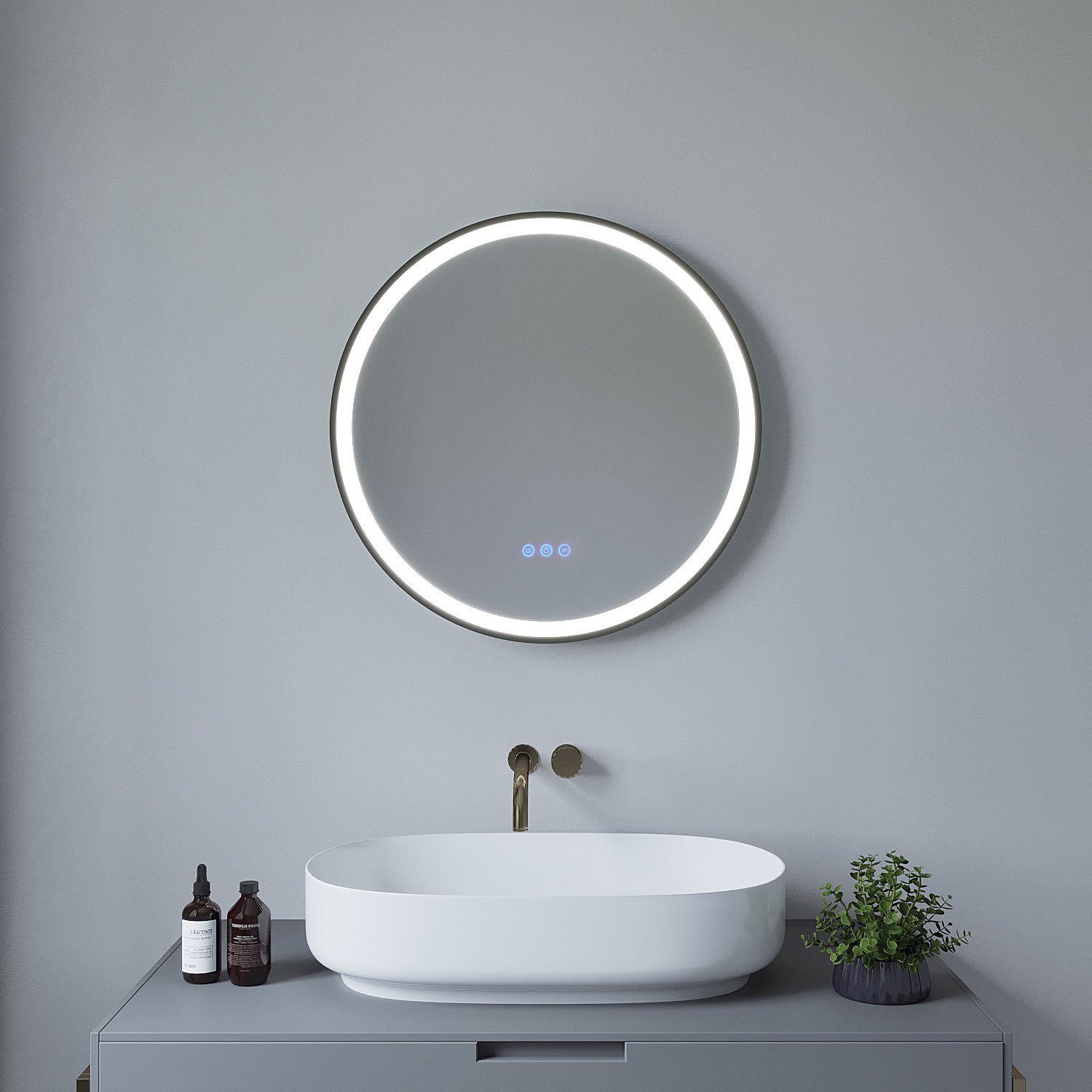 AQUALAVOS Badspiegel Badspiegel Rund 60x60 cm Spiegel mit LED Beleuchtung  Touch Wandspiegel, mit Energiesparend Kaltweiß 6400K und Warmweiß 3000K  Beleuchtung, IP44