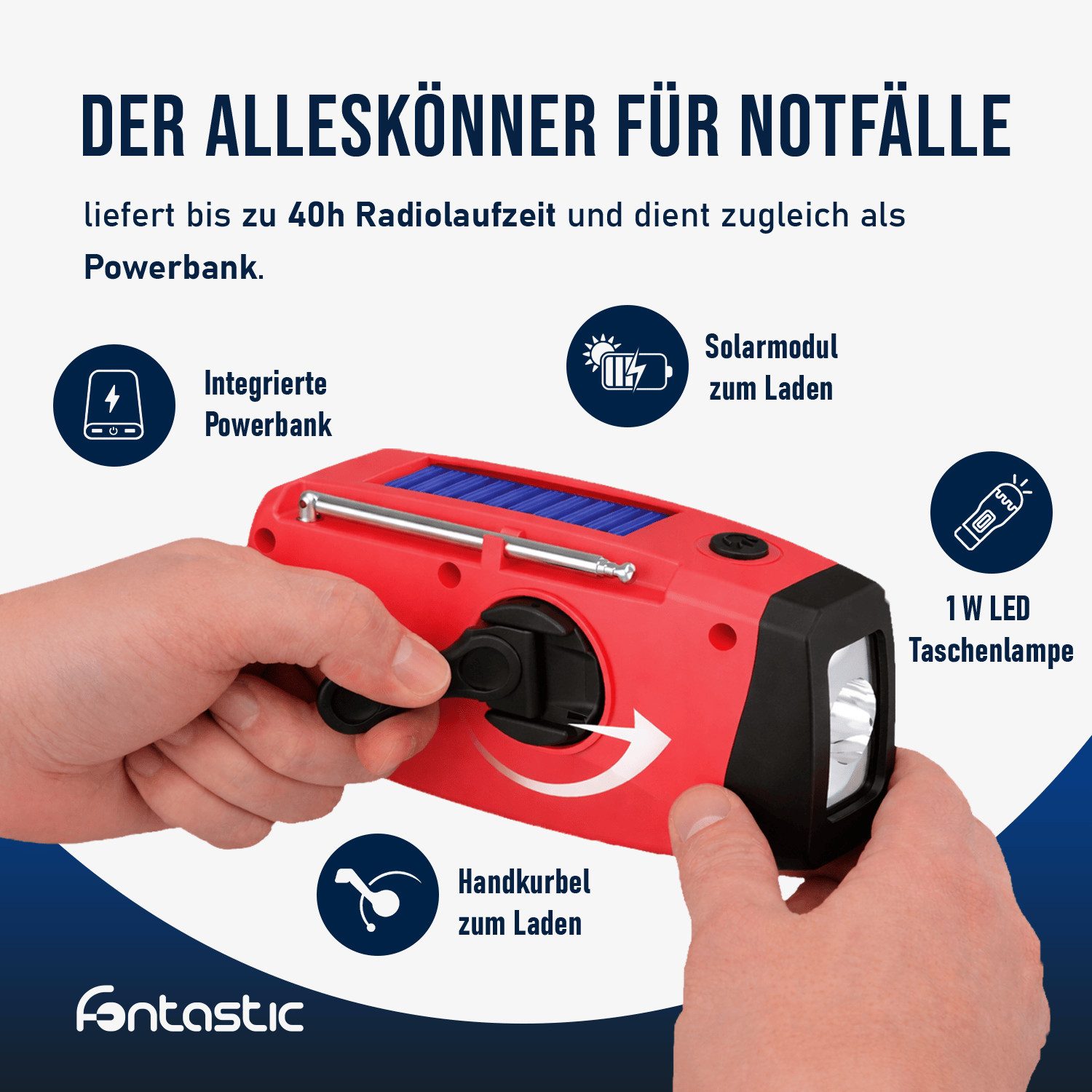 fontastic Rock Notfallradio mit Kurbel und Solar Powerbank 4000mAh Notfallradio (AM/FM/WB Digital Radio, Notfallradio, Kurbelradio, Solar Radio, Blackout Vorsorge, Camping)