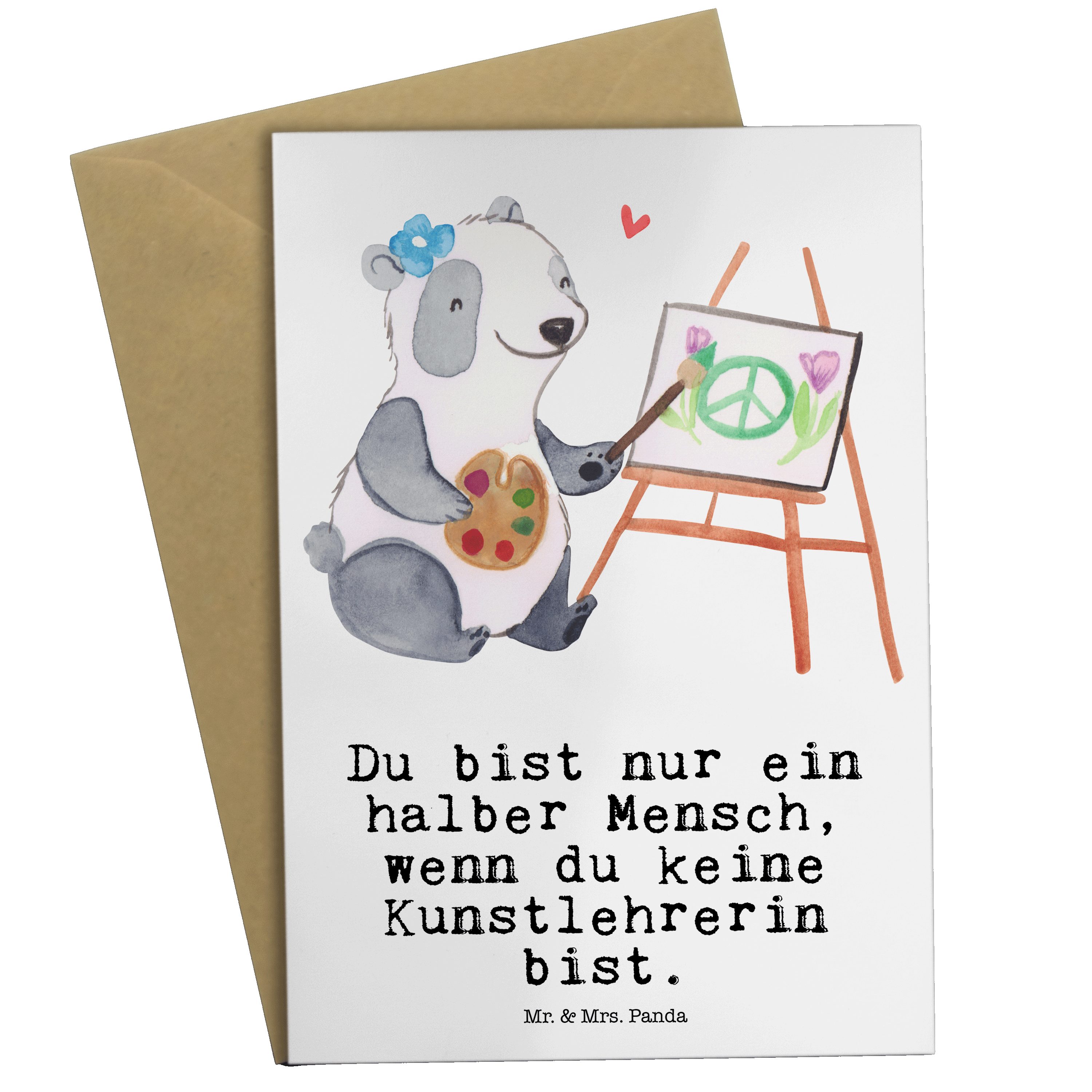 Mr. & Mrs. Panda Grußkarte Kunstlehrerin mit Herz - Weiß - Geschenk, Einladungskarte, Firma, Hoc