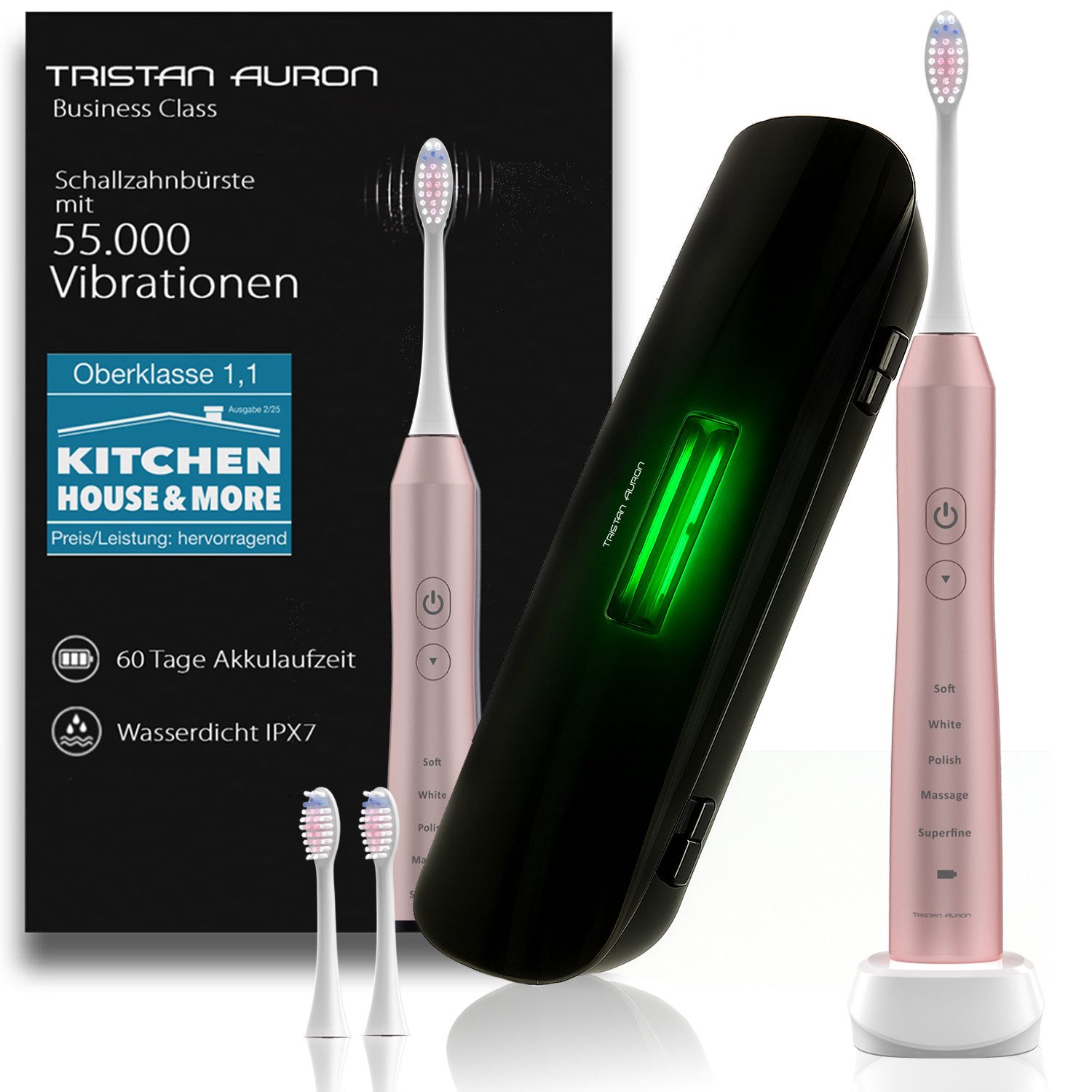 Tristan Auron Schallzahnbürste Elektrische Zahnbürste UV Case 55.000 VPM 2 Min Timer 60 Tage Akku, Aufsteckbürsten: 2 St., UV Reinigungsgerät, 5 Modis, extrem leise <65db, IPX7 Wasserdicht