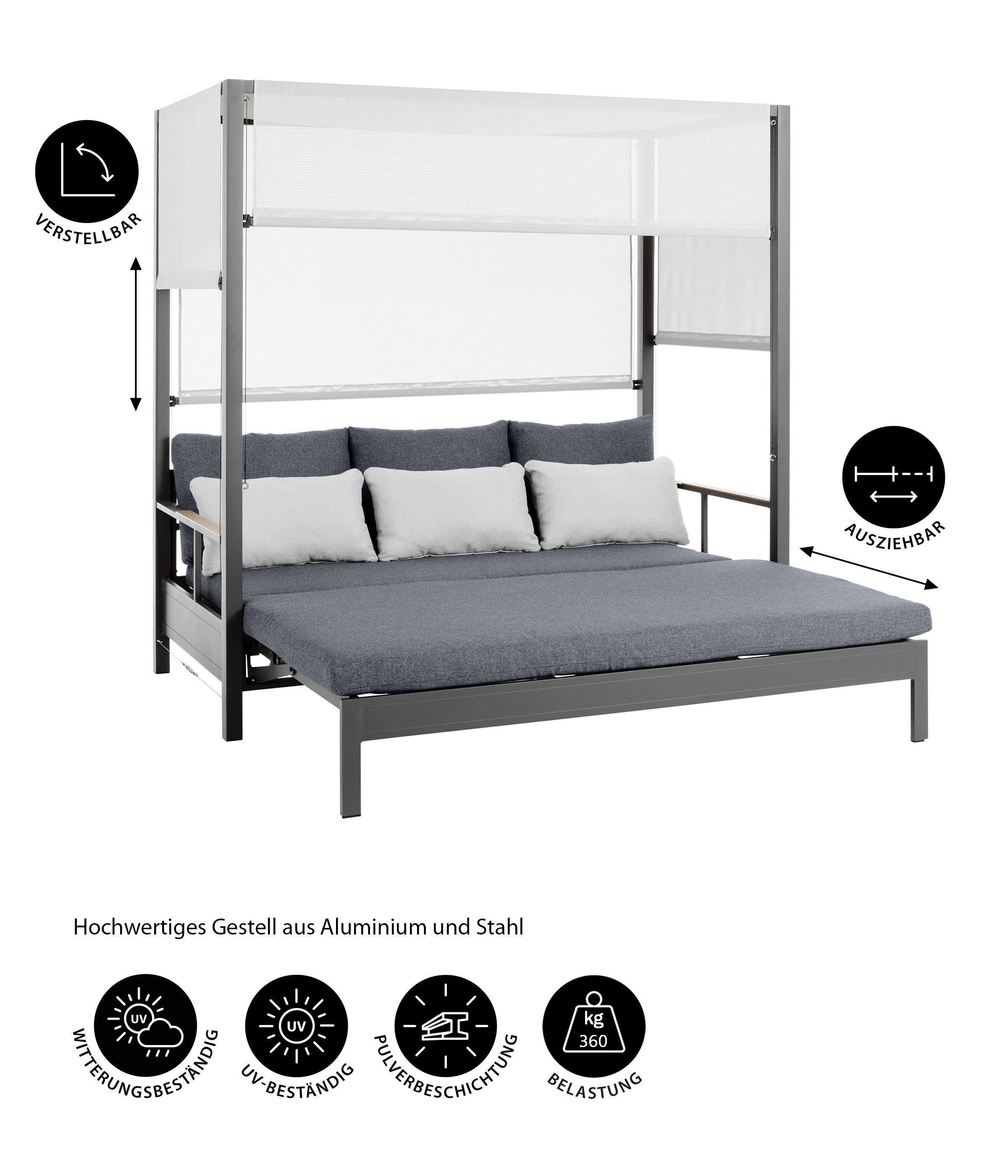 Dehner Gartenlounge-Set Daybed Hollywood, 3-Sitzer, 195 x 183 x 195 cm, robustes Gestell, inkl. Schiebedach