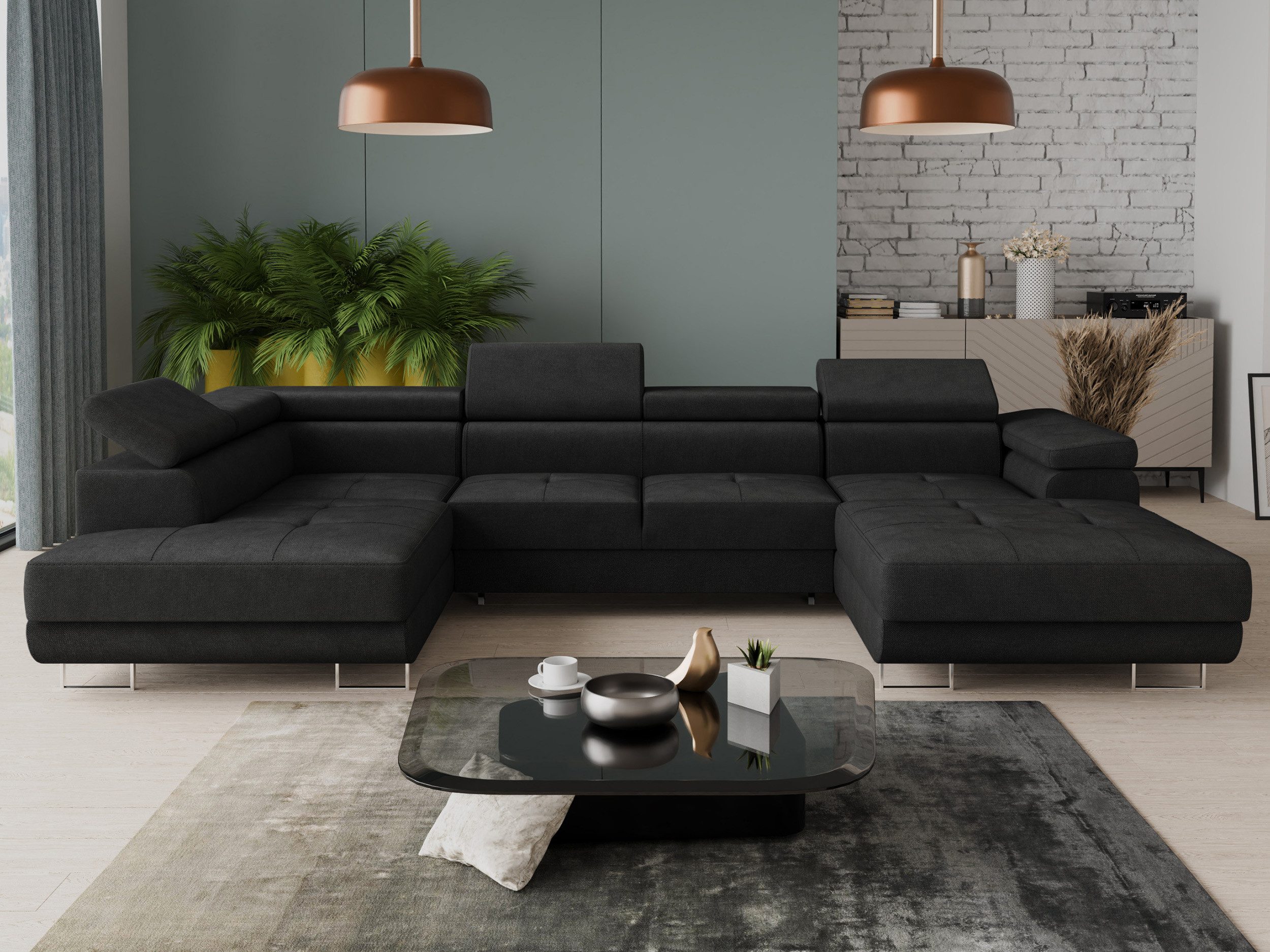 Sofnet Wohnlandschaft Caris U, mit Schlaffunktion und zwei Bettkästen, Ecksofa mit einstellbare Kopfstützen, Schlafsofa, U-form Couch