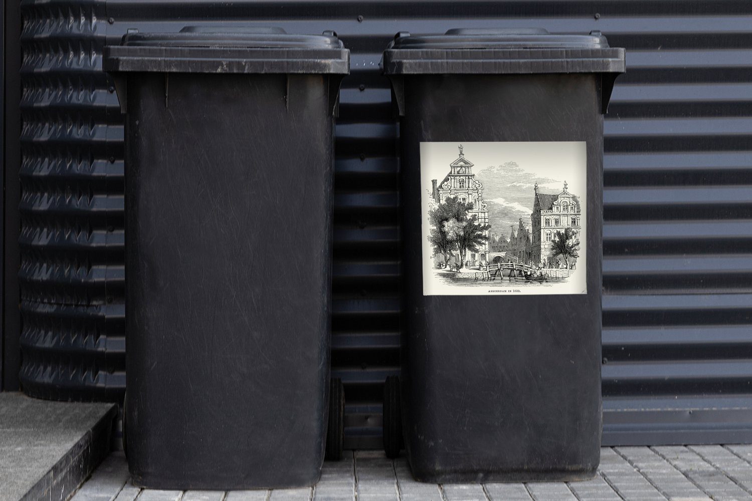 MuchoWow Wandsticker Eine Schwarz-Weiß-Illustration Mülleimer-aufkleber, Amsterdamer Container, St), Mülltonne, Sticker, (1 Gracht einer Abfalbehälter