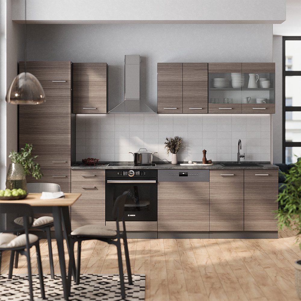 Vicco Küchenzeile R-Line, Edelgrau/Anthrazit, 300 cm ohne Arbeitsplatte