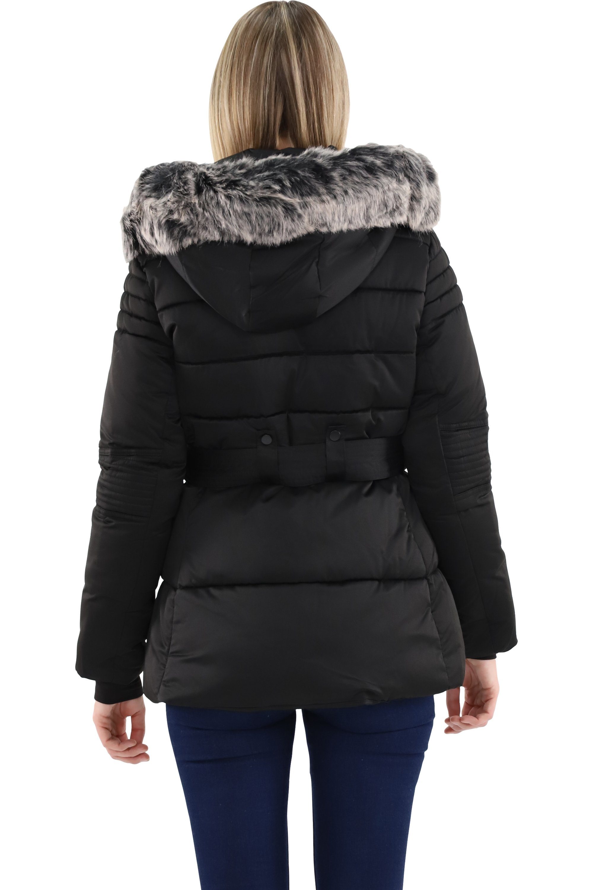 malito more than fashion Steppjacke malito Damen Steppmantel, taillierte Winterjacke, Jacke mit Kapuze figurbetonte gefütterte Winterjacke mit Kunstfell Kapuze