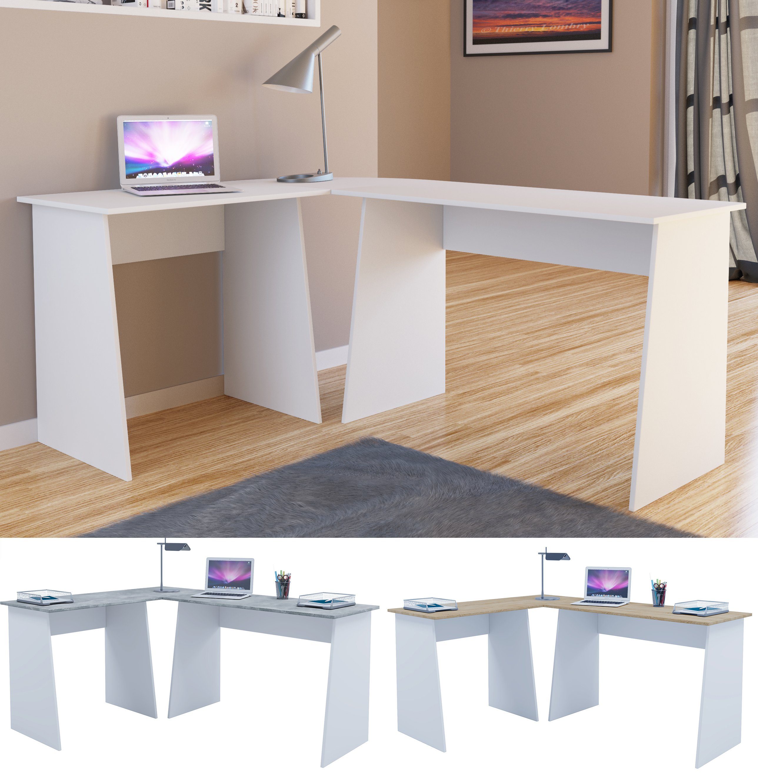 VCM Schreibtisch Holz Eckschreibtisch Winkeltisch Masola Weiß / Sonoma-Eiche
