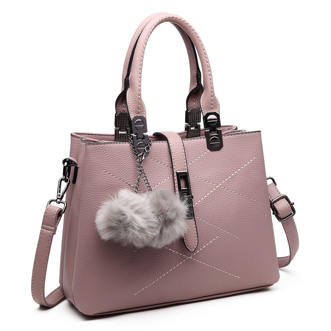 Umhängetasche Schultertasche im Leder-Look mit mehreren Fächern und Pom-Pom-Anhänger