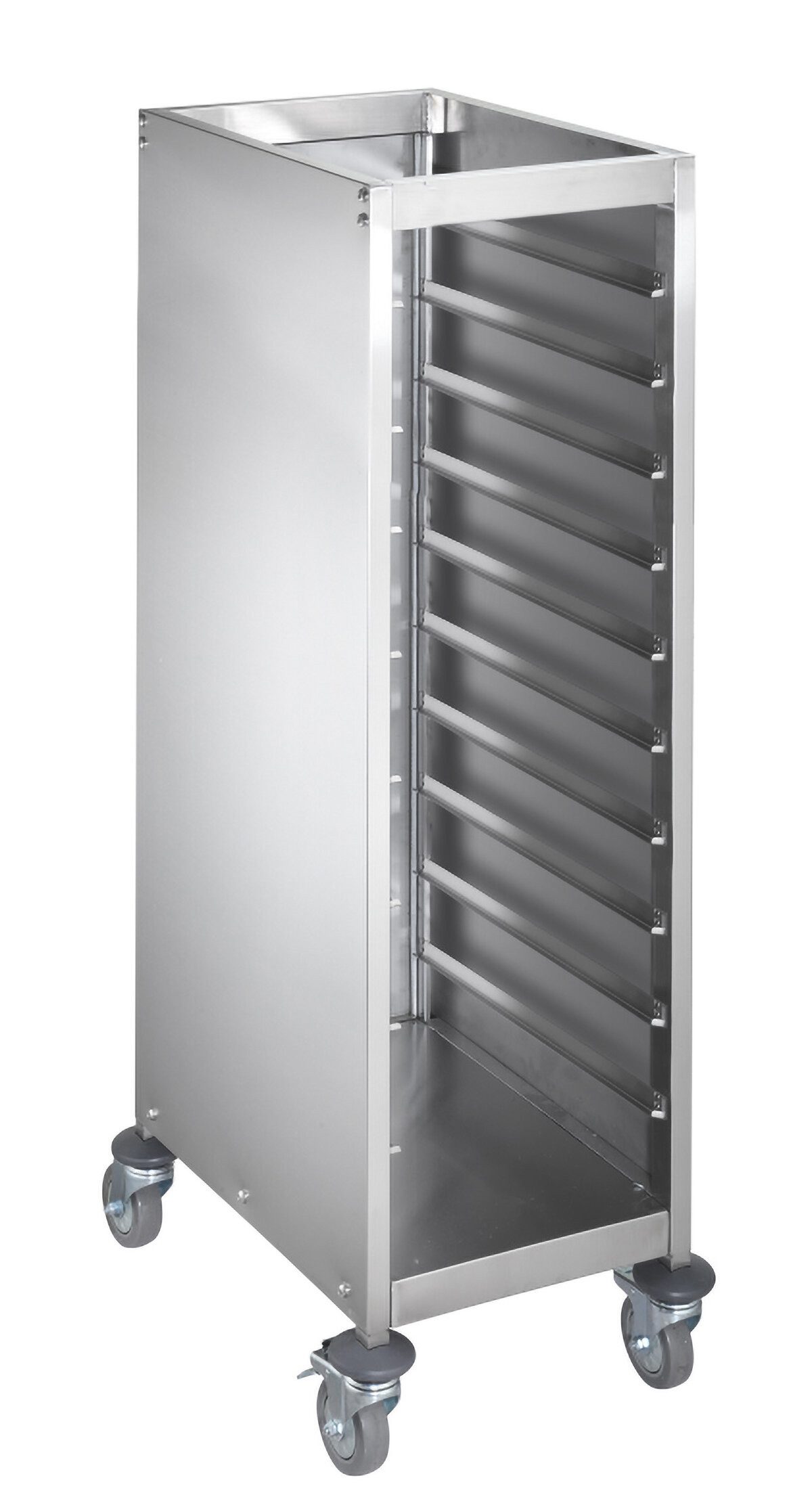 GastroHero Tischwagen Tablettwagen ECO 10 geschlossen Edelstahl Wagen 10 Tabletts, Zwei integrierte Feststellbremsen, geschlossene Bauweise