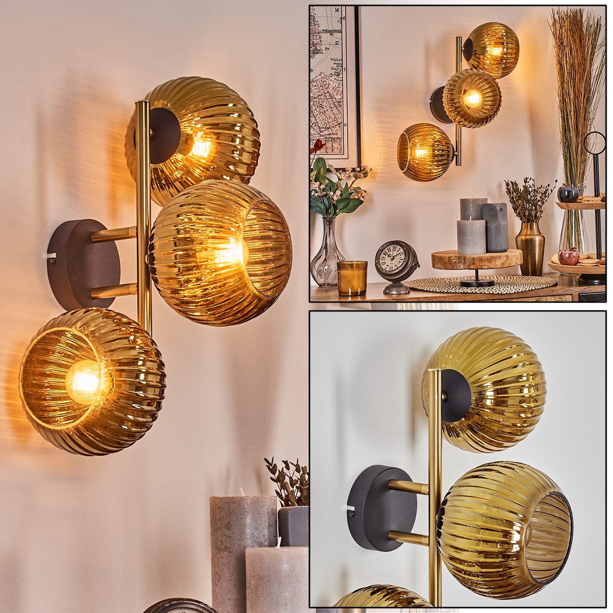 Wandleuchte Wandlampe aus Metall/Riffelglas in Schwarz/Goldfarben