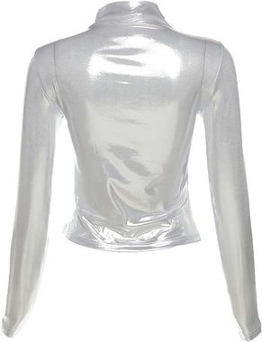 FIDDY T-Shirt Damen Metallic Crop Top Kurz Oberteil Bauchfrei Slim Fit Langarm