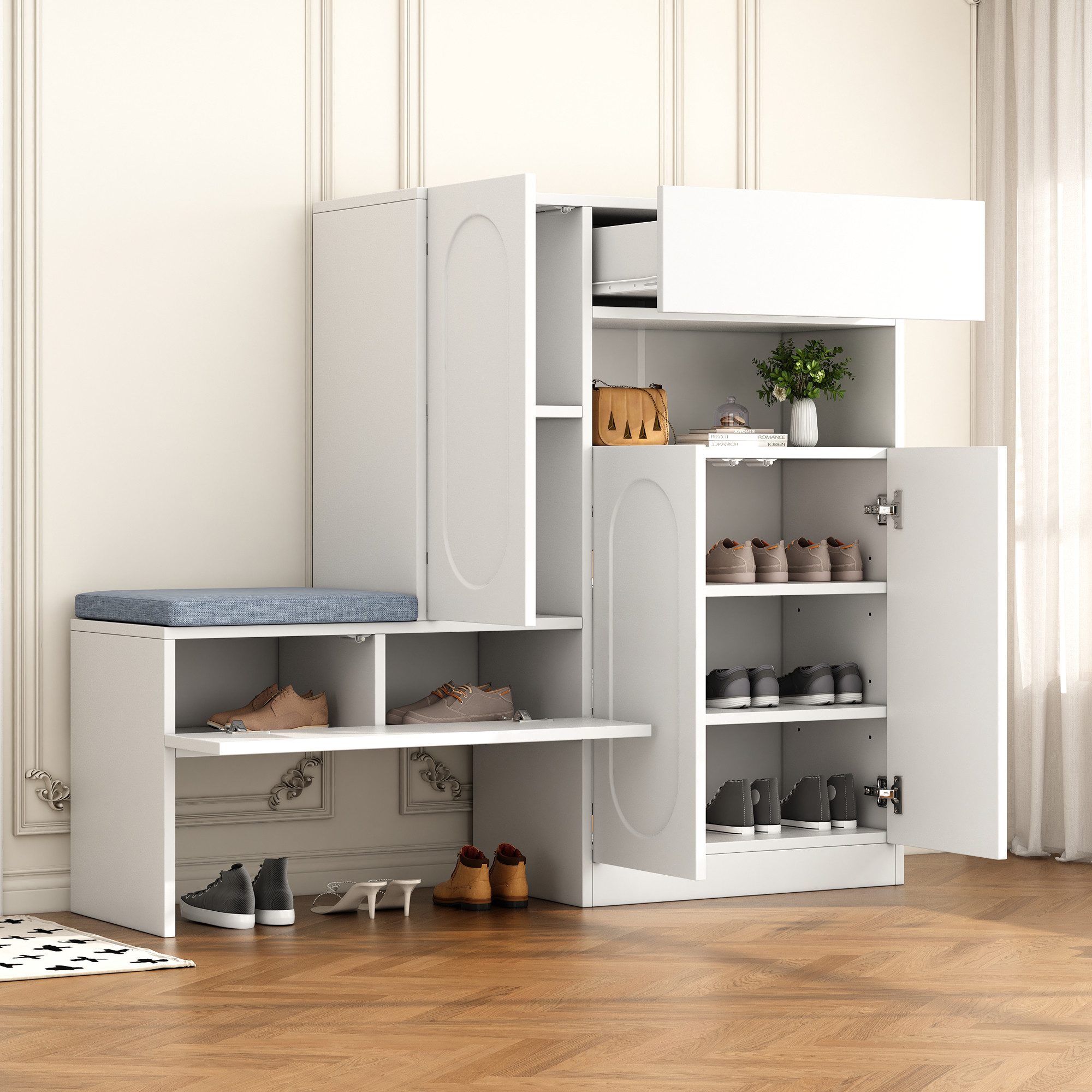 Flieks Schuhschrank Schuhkommode mit gepolsterter Sitzbank (B130/T35/H110 c günstig online kaufen