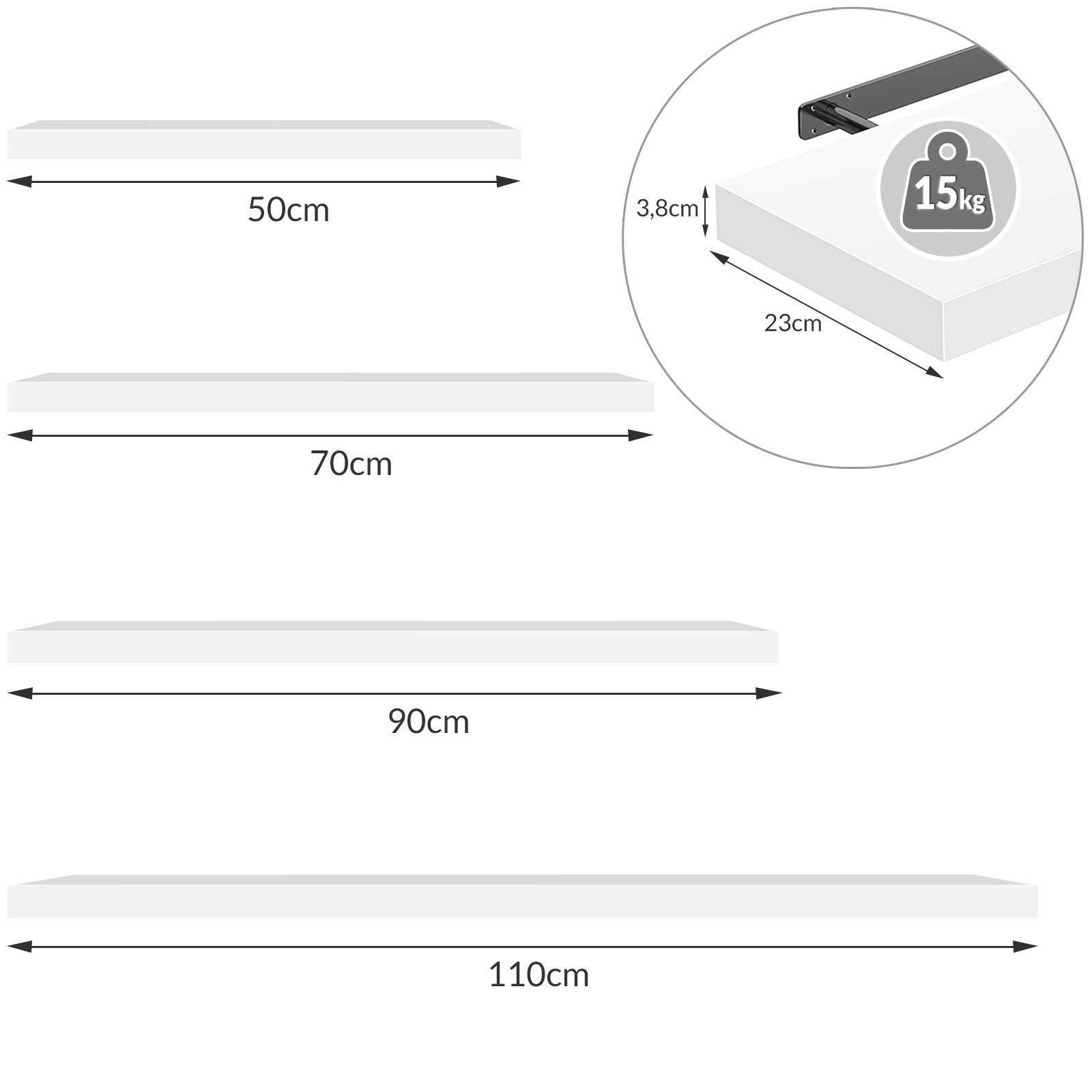 Casaria Wandregal, Halterung Tragkraft 15 Küche mit cm Schwebend Weiß 50-110 kg