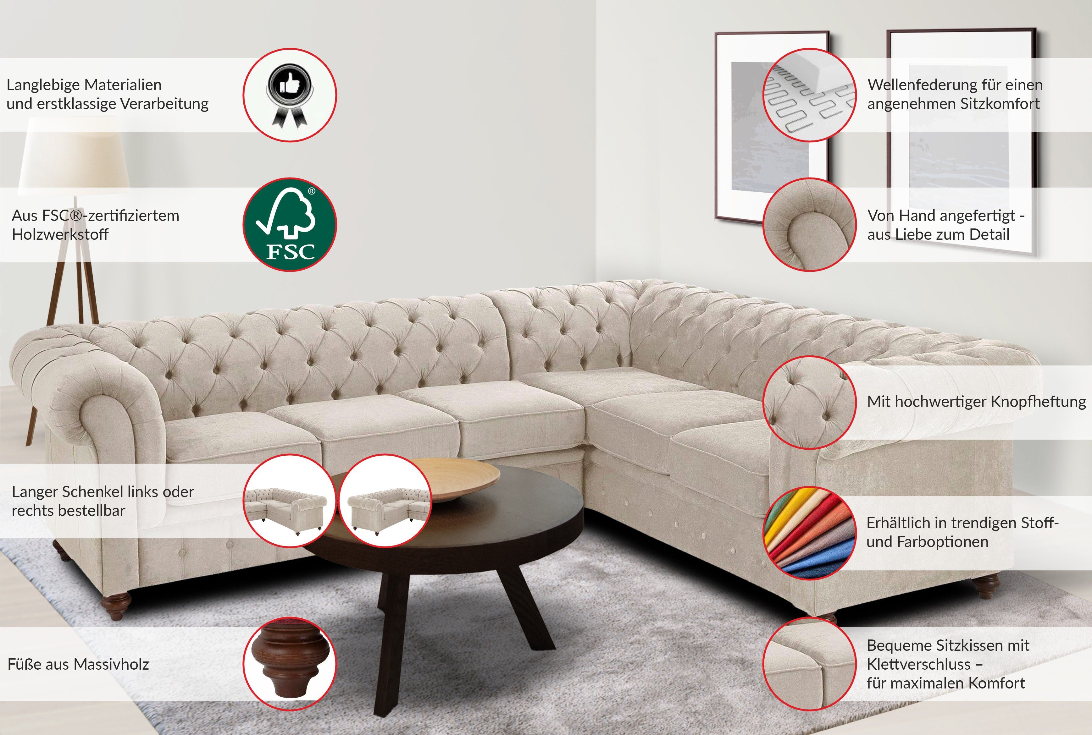 OTTO home Chesterfield-Sofa Chesterfield Ecksofa, auch in Leder L-Form, hochwertige Knopfheftung, langer Schenkel links oder rechts wählbar
