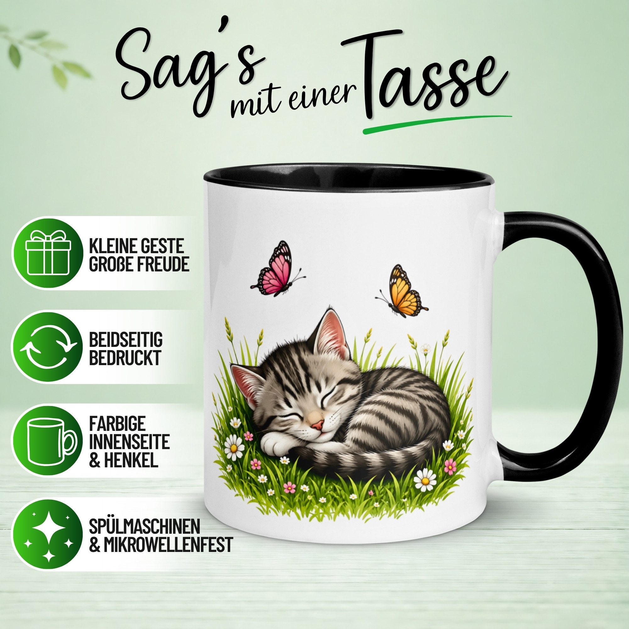 Momentals Tasse Katze – „Schlafende Katze mit Schmetterlingen“ – Süßes Katzen Geschenk, Gratis Versand · Links-&Rechtshänder · Spülmaschinenfest