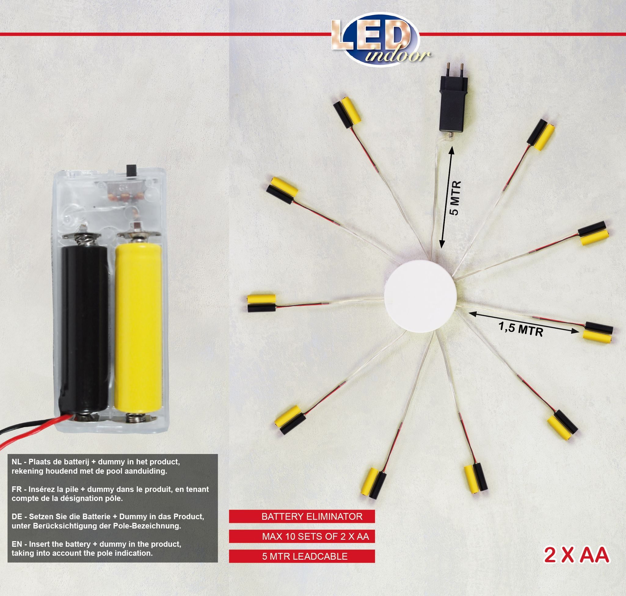 Coen Bakker Deco BV Batterie Netzteil Adapter 10 x 2 AA Mignon Batterien 3,2V Adapter, 400 cm, für LED-Geräte