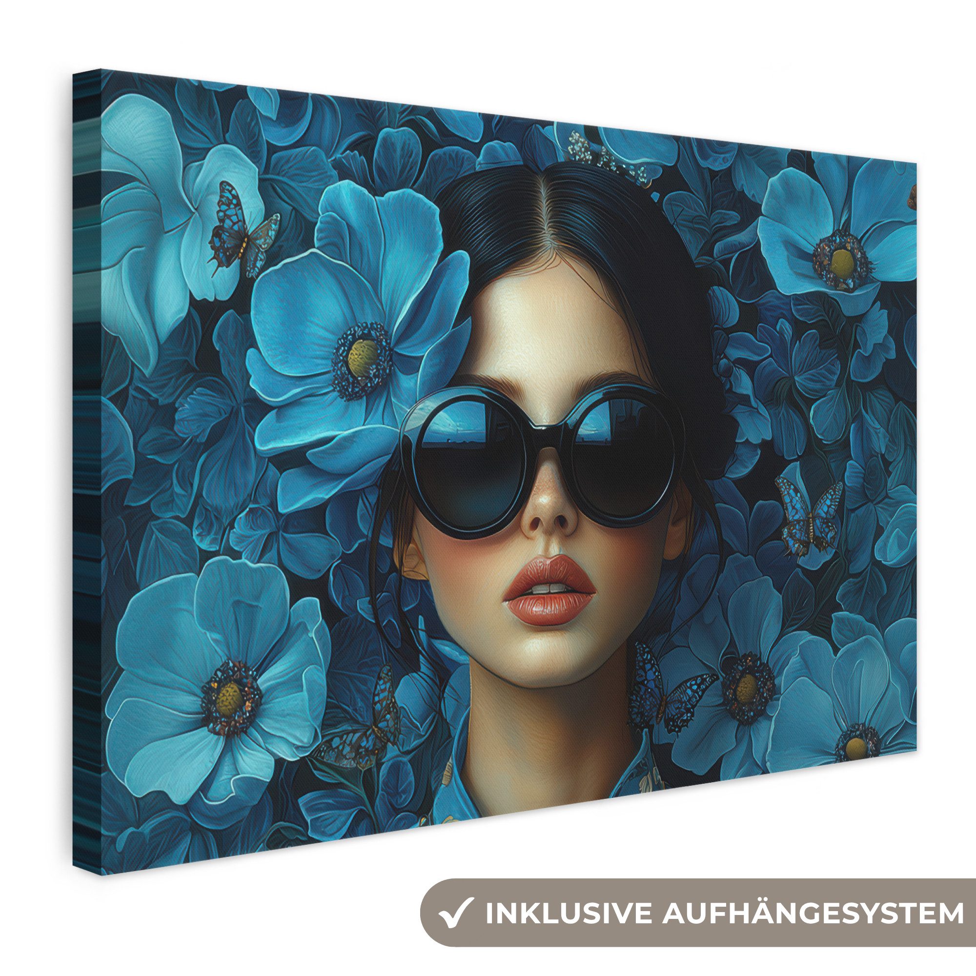 OneMillionCanvasses® Leinwandbild Frau - Blumen - Blau - Ästhetik - Luxus, Fotodruck (1 St), Leinwand Bilder Klein, Wand Dekoration Aesthetic 30x20 cm