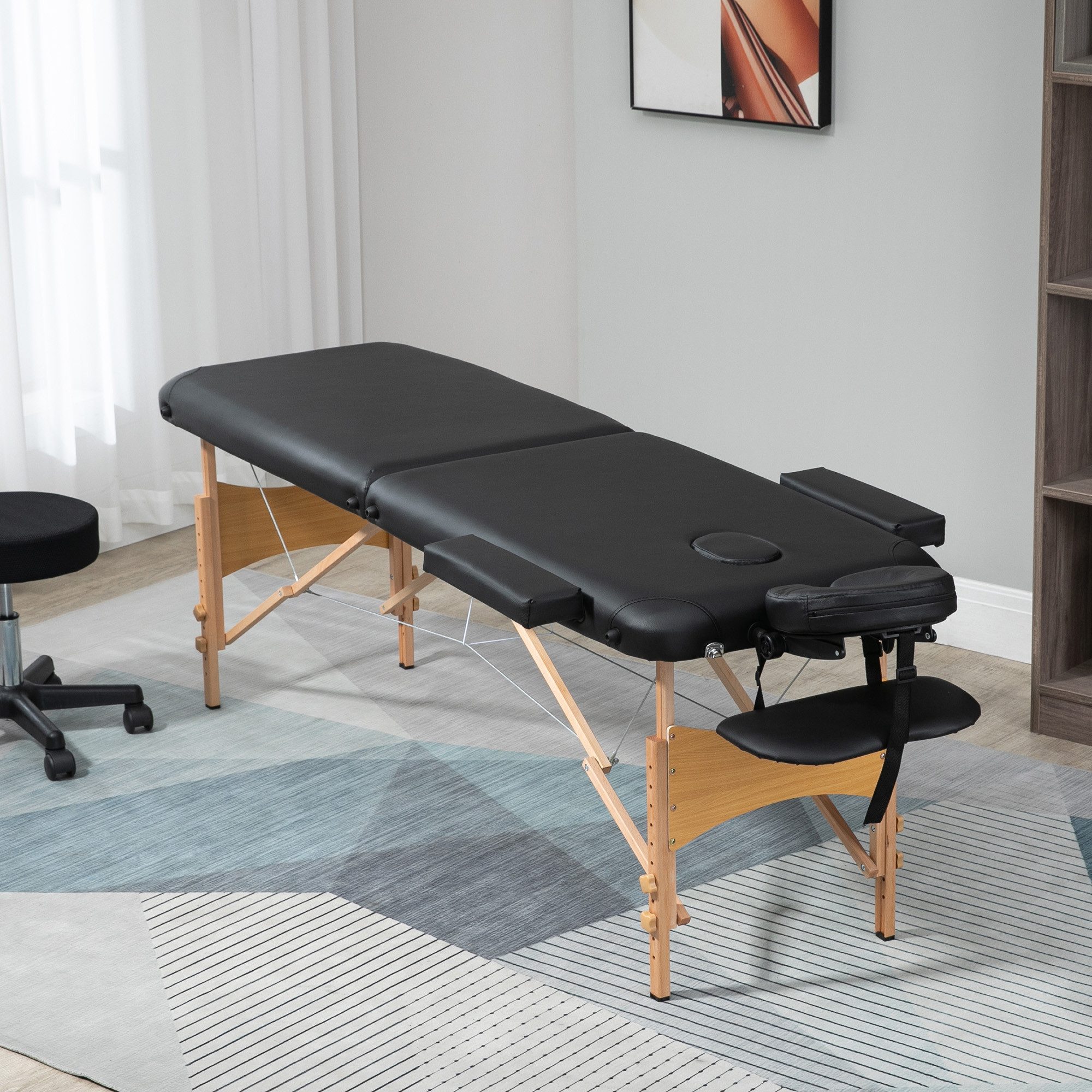 HOMCOM Massageliege Massagetisch, Massageliege mit Kopfstütze, Schwarz (Massagebank, 1-St., Massagetisch), Kunstleder, Holz, Schwarz